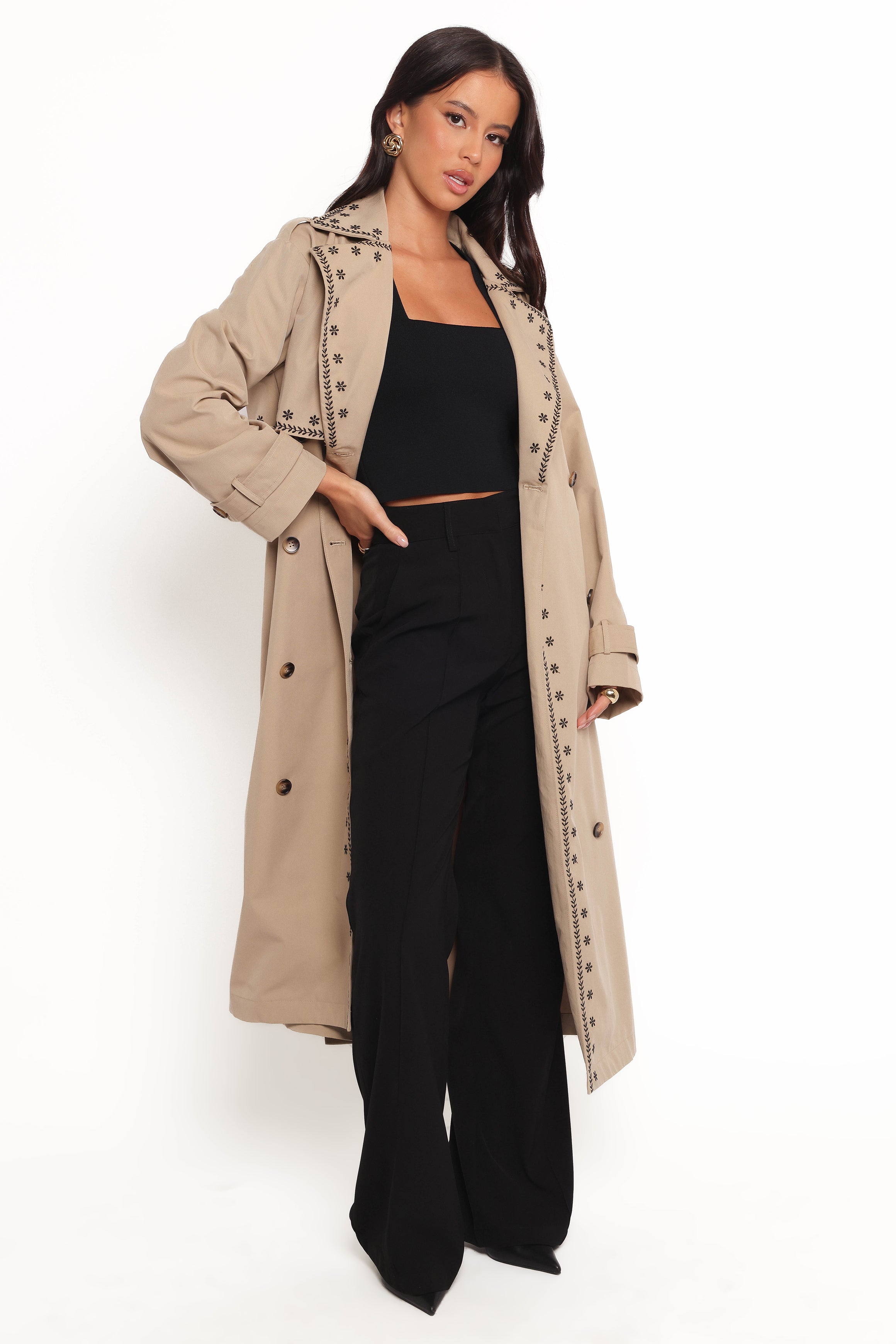 OUTERWEAR Grayson Embroidered Trim Trench Coat - Taupe