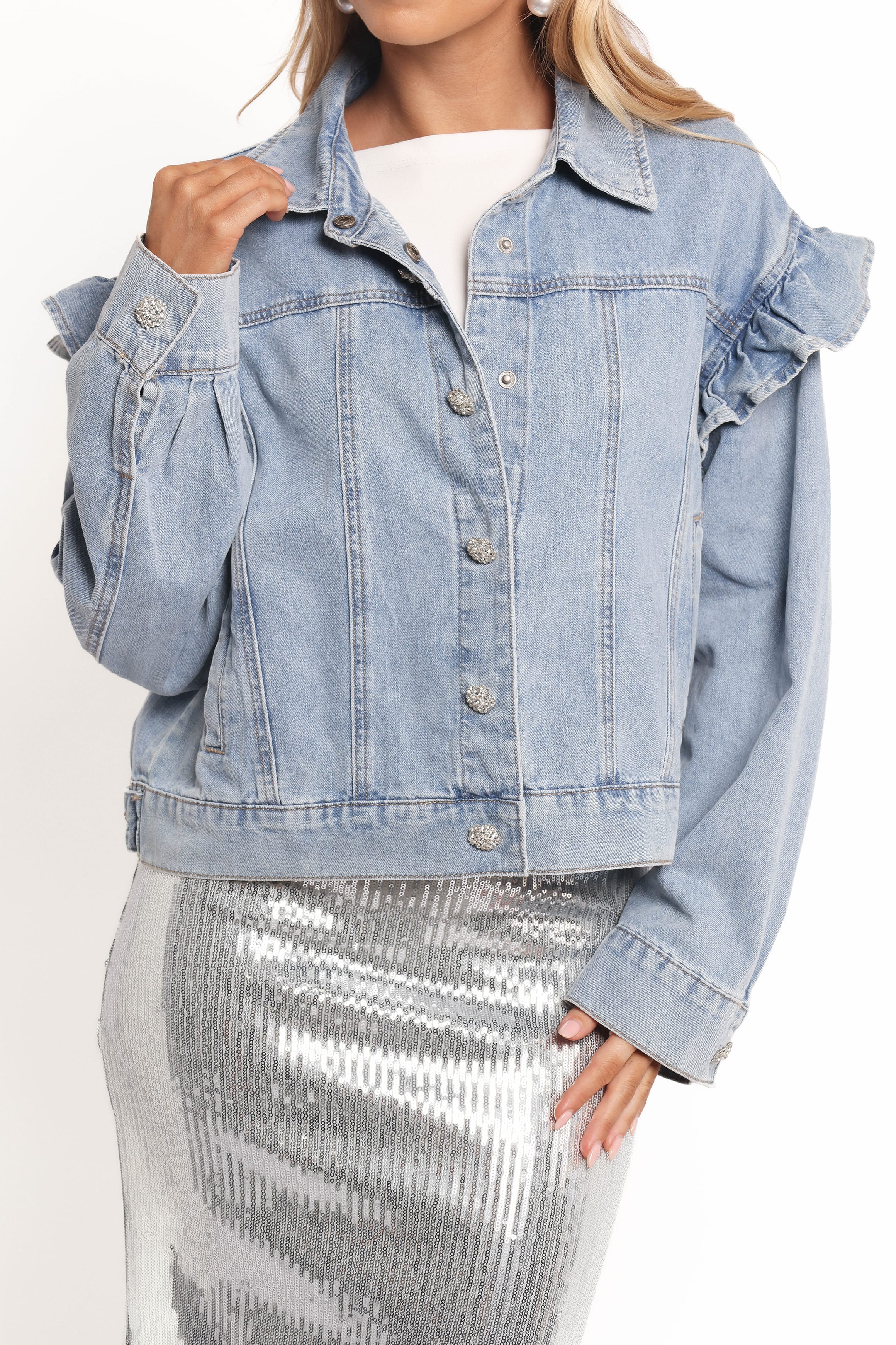 OUTERWEAR Hadley Ruffle Sleeve Denim Jacket - Mid Denim