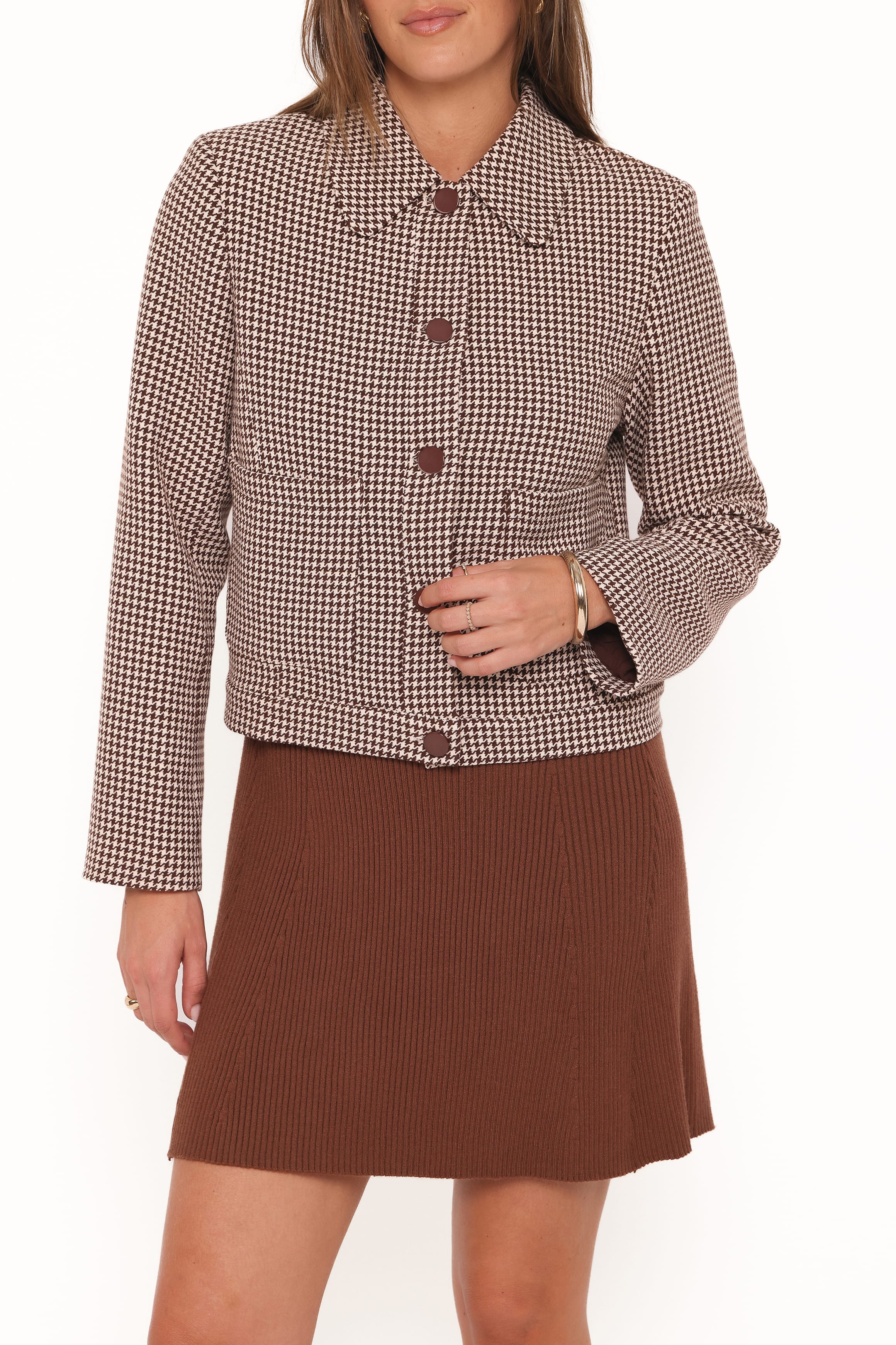 OUTERWEAR Harvie Crop Trucker Jacket - Brown Houndstooth