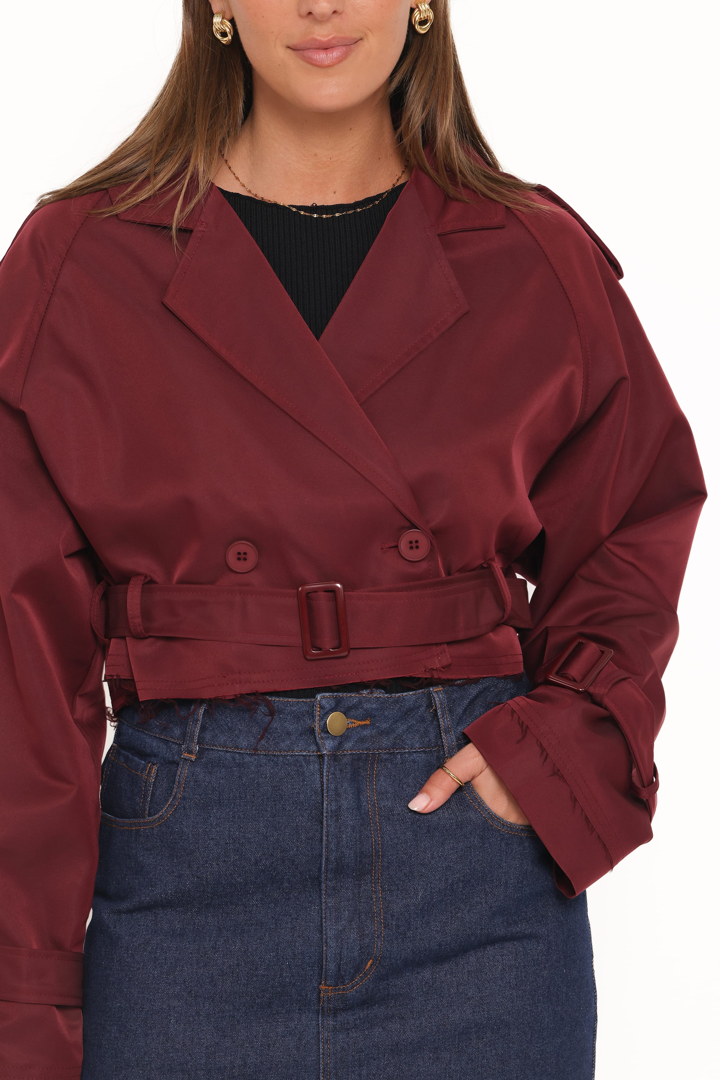 OUTERWEAR Izzi Crop Trench Jacket - Burgundy