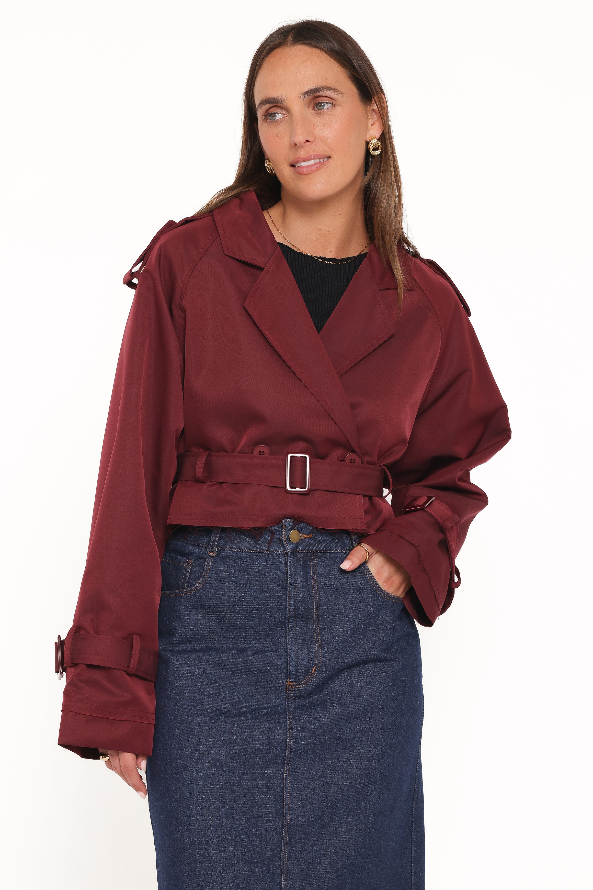 OUTERWEAR Izzi Crop Trench Jacket - Burgundy