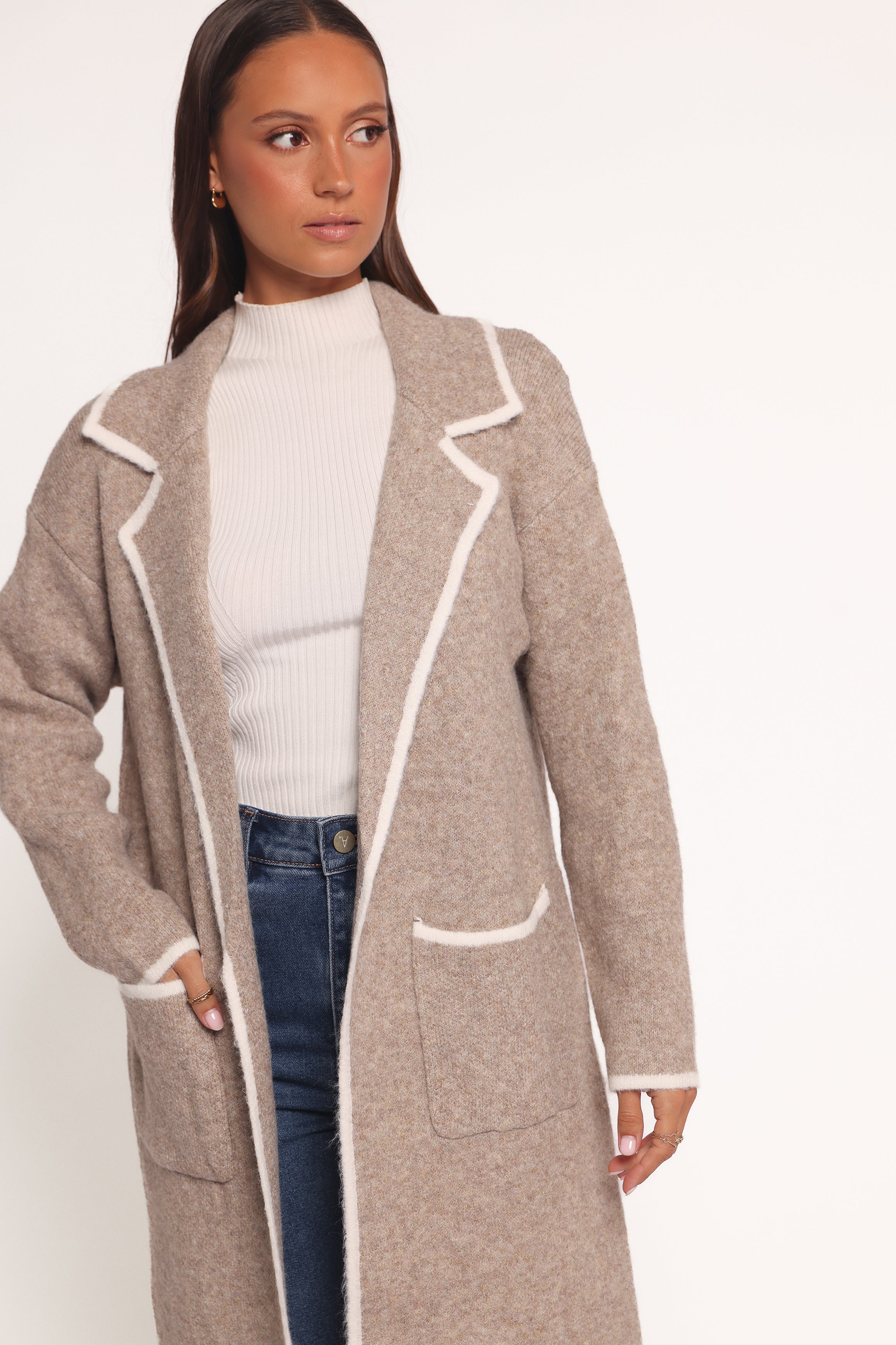 OUTERWEAR Katia Contrast Trim Coatigan - Beige