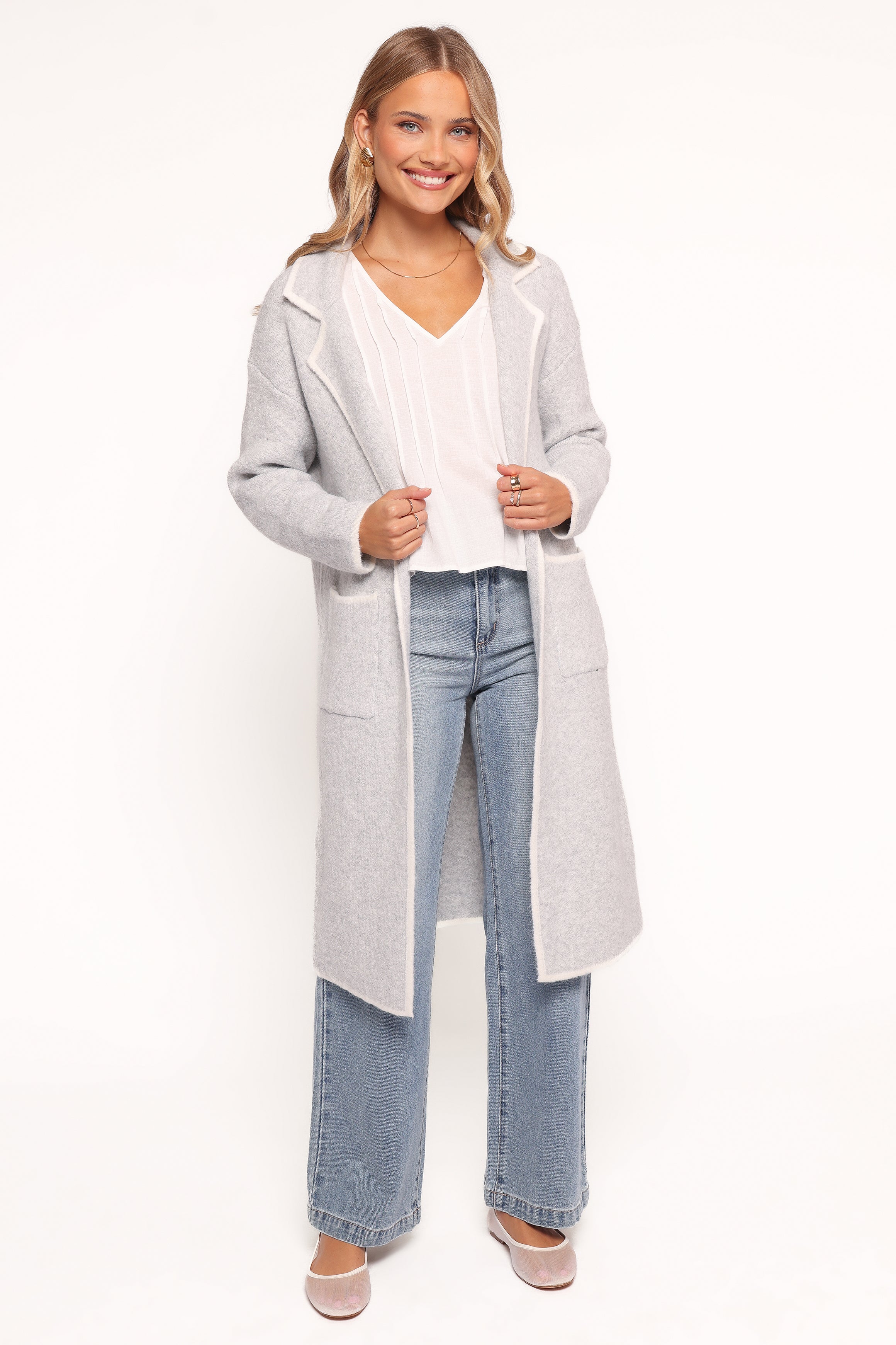 OUTERWEAR Katia Contrast Trim Coatigan - Light Grey