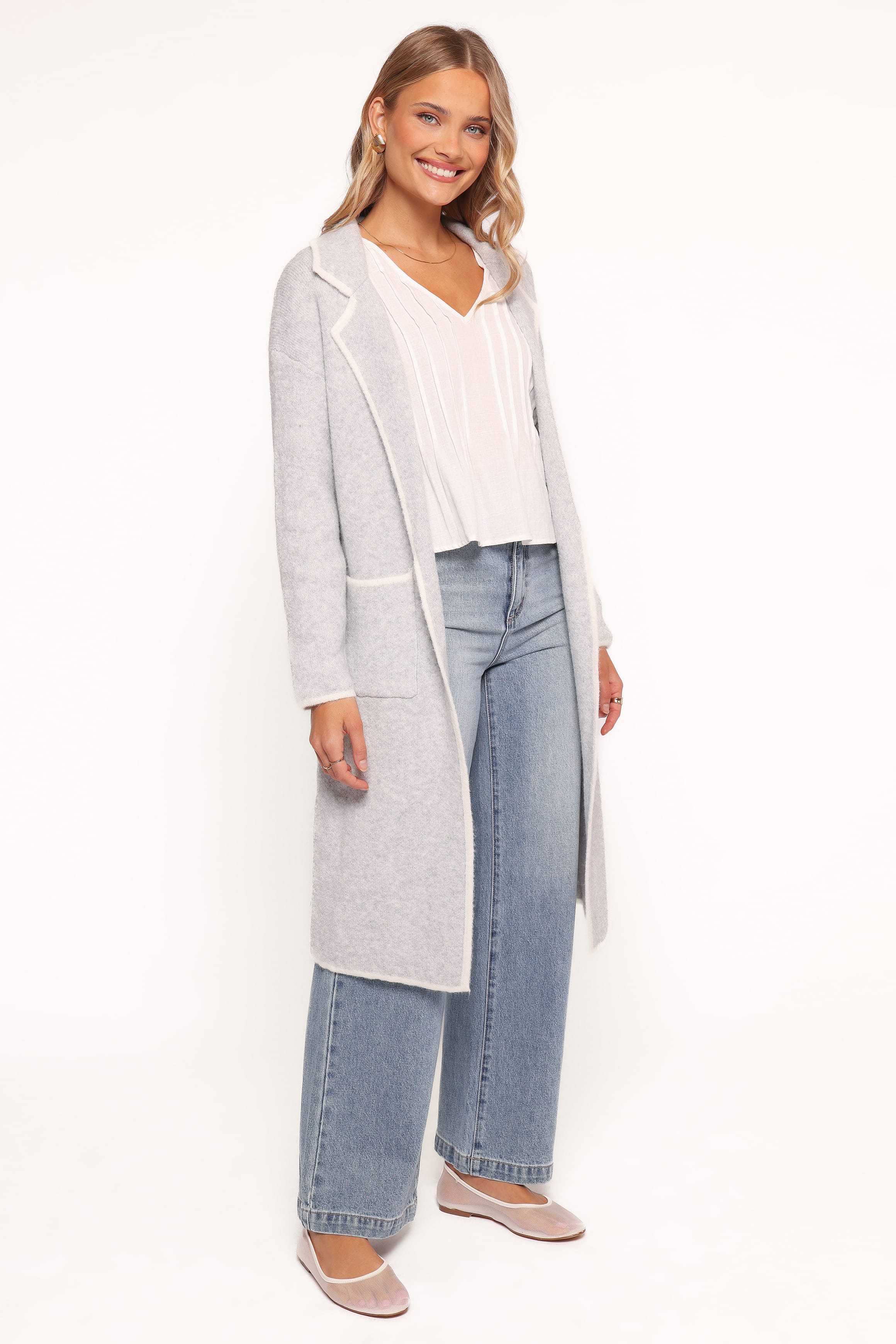 OUTERWEAR Katia Contrast Trim Coatigan - Light Grey