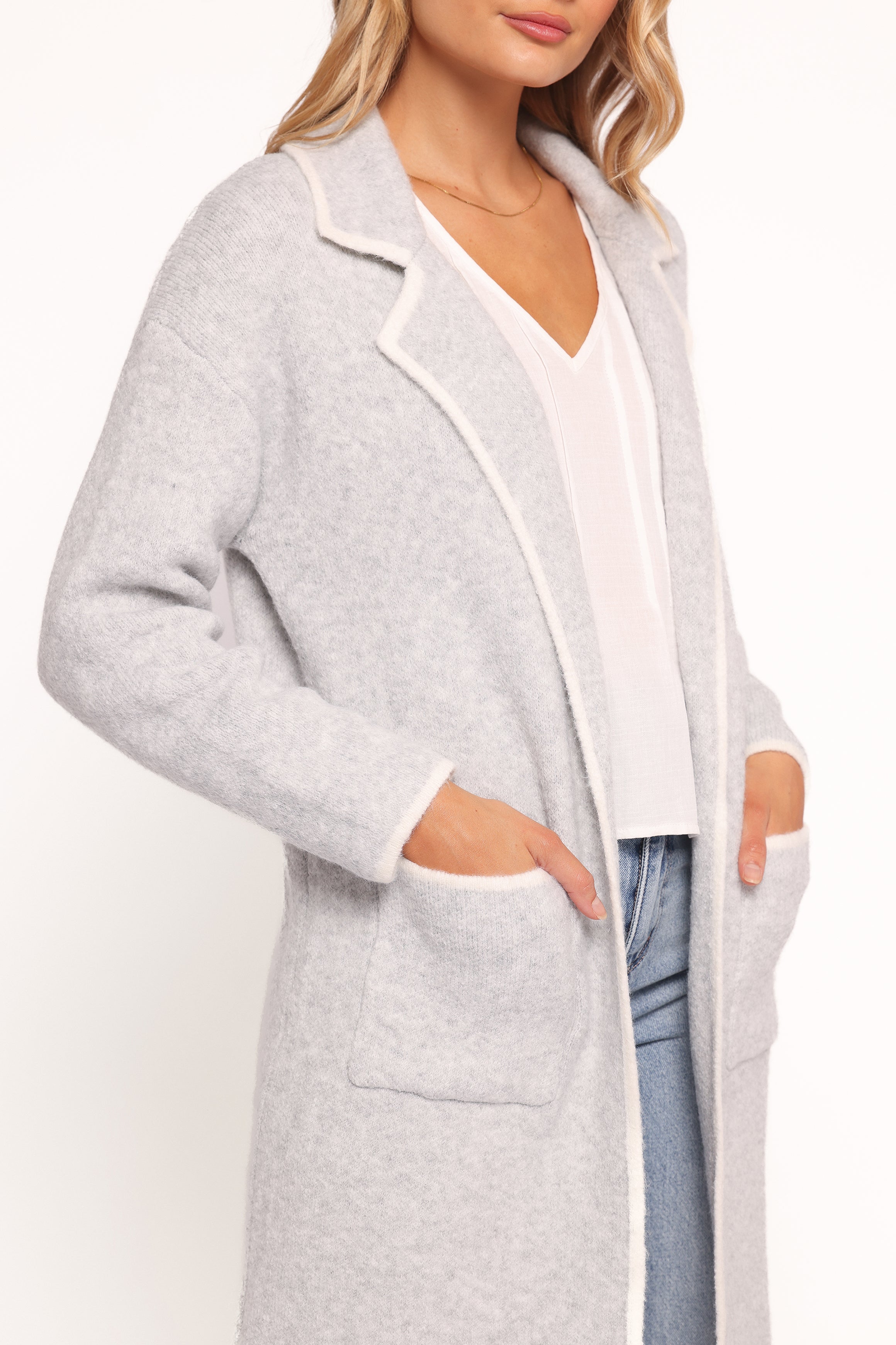 OUTERWEAR Katia Contrast Trim Coatigan - Light Grey