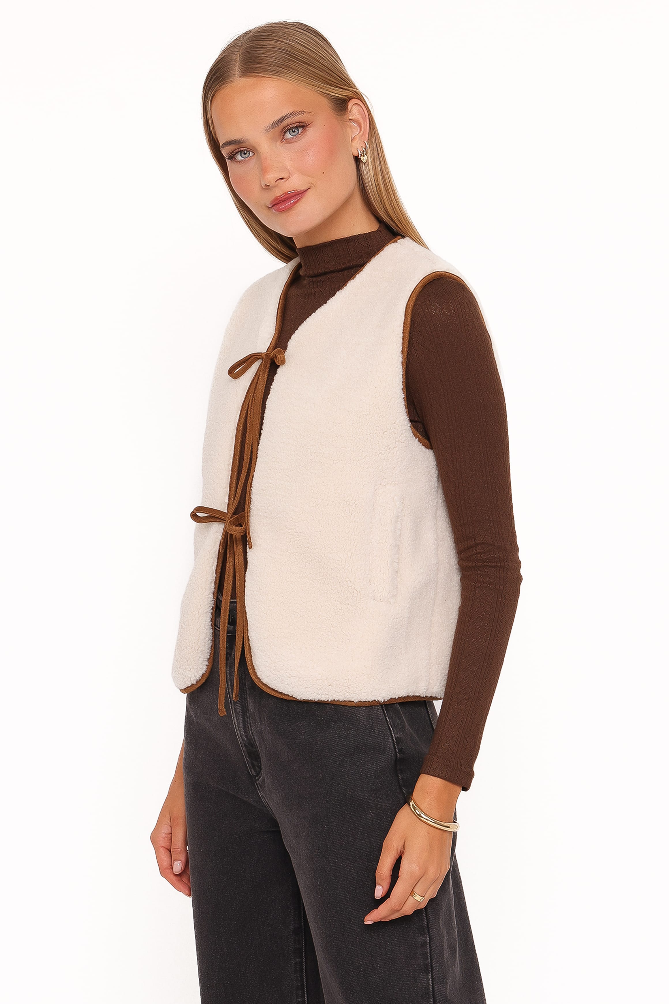 OUTERWEAR Laila Tie Front Vest - Cream Shearling