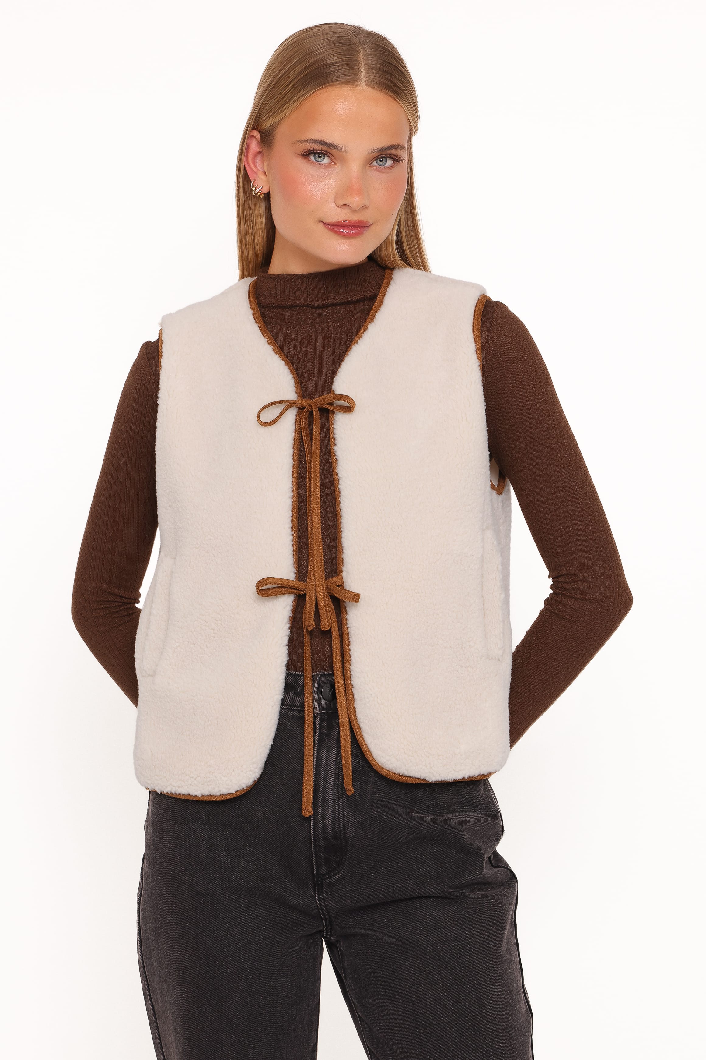 OUTERWEAR Laila Tie Front Vest - Cream Shearling