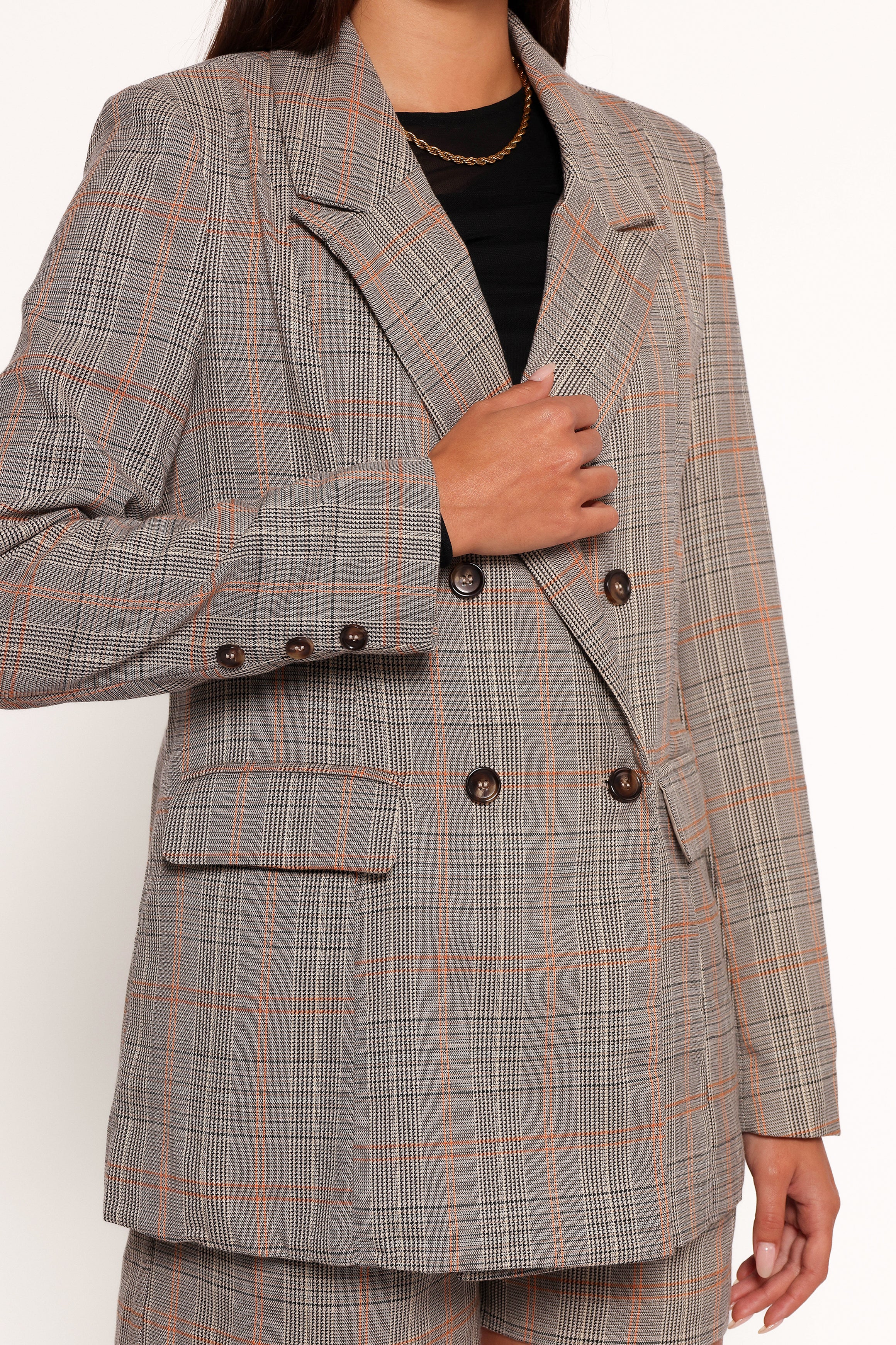 OUTERWEAR Lesia Double Button Fitted Plaid Blazer - Taupe Multi