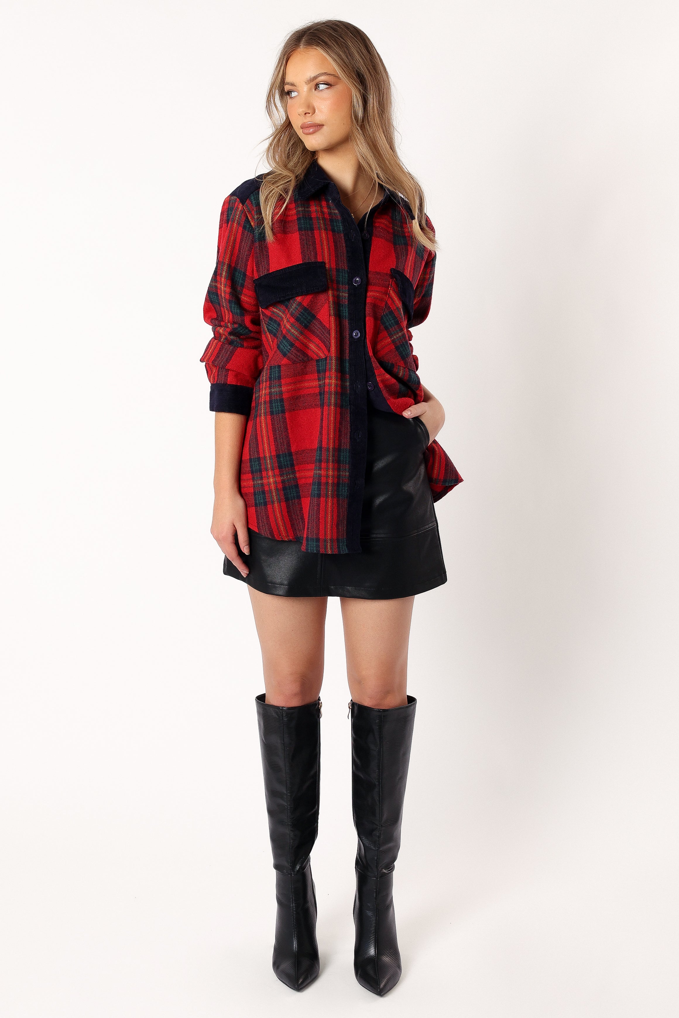OUTERWEAR @Lucille Plaid Shacket - Red/Navy