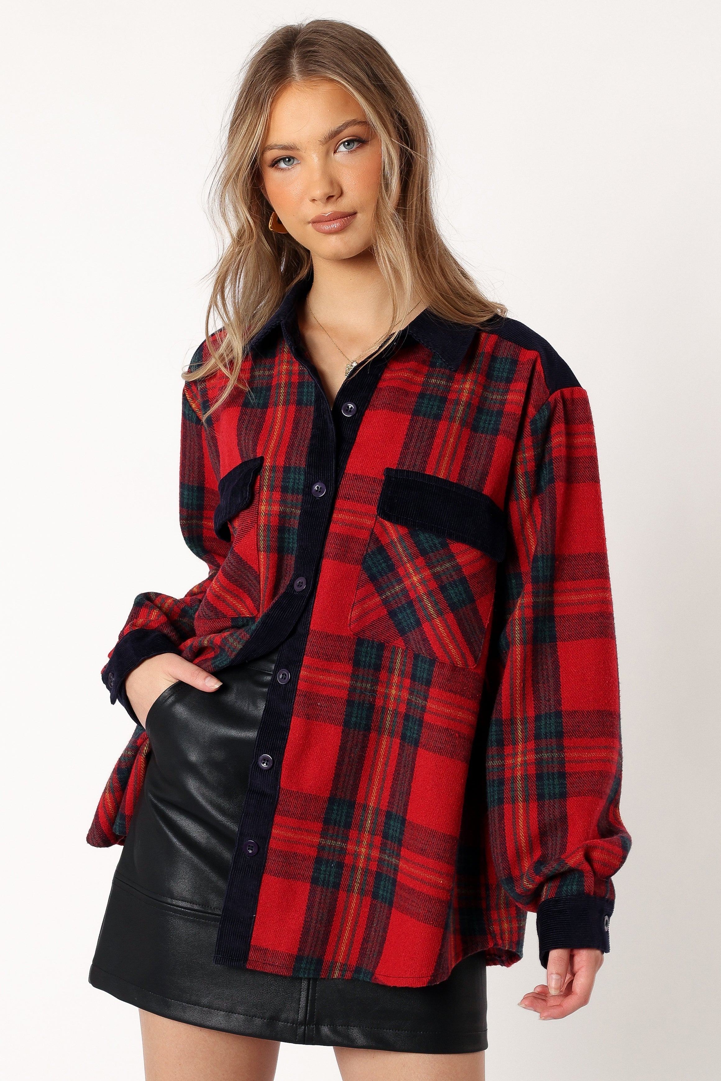 OUTERWEAR @Lucille Plaid Shacket - Red/Navy