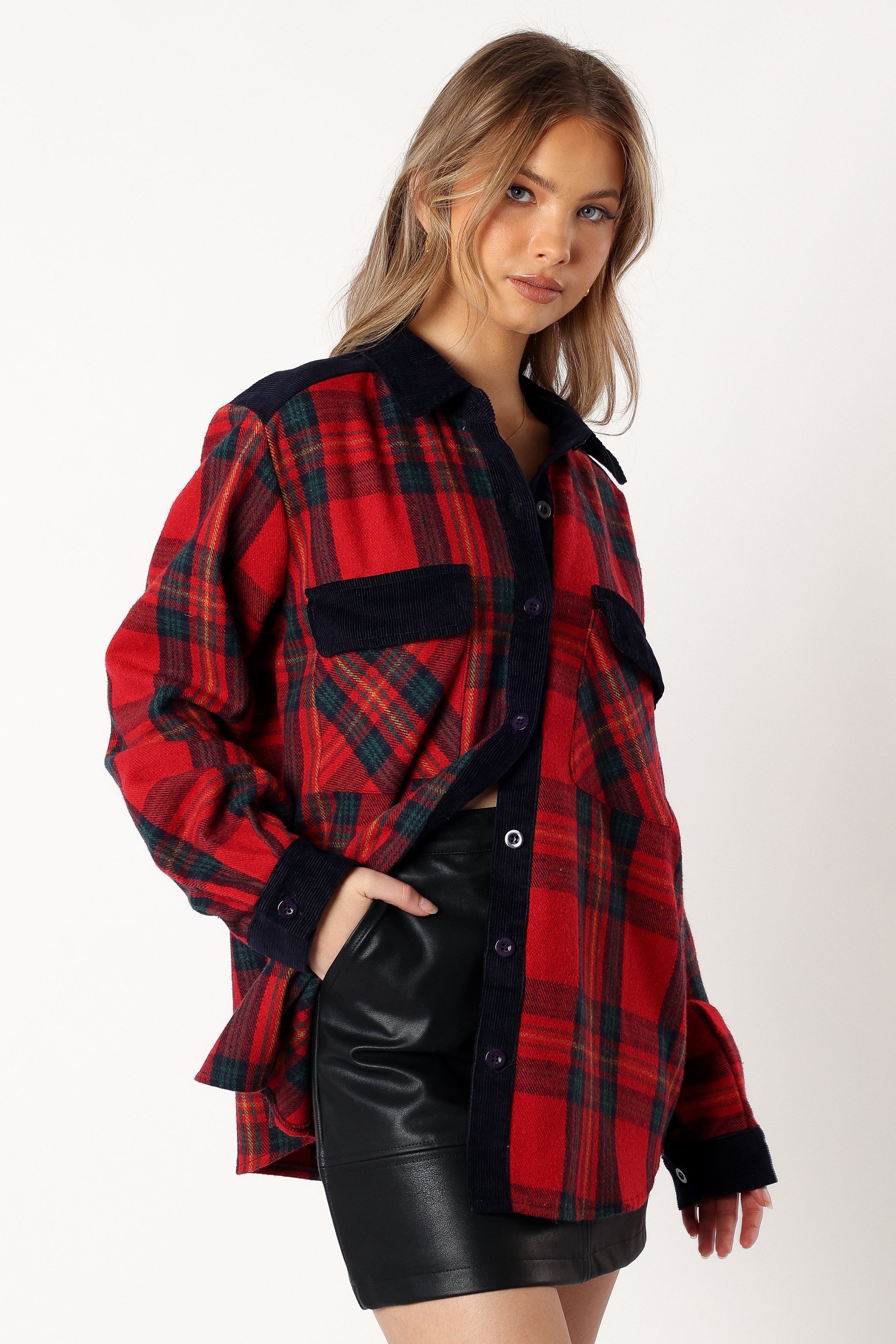 OUTERWEAR @Lucille Plaid Shacket - Red/Navy