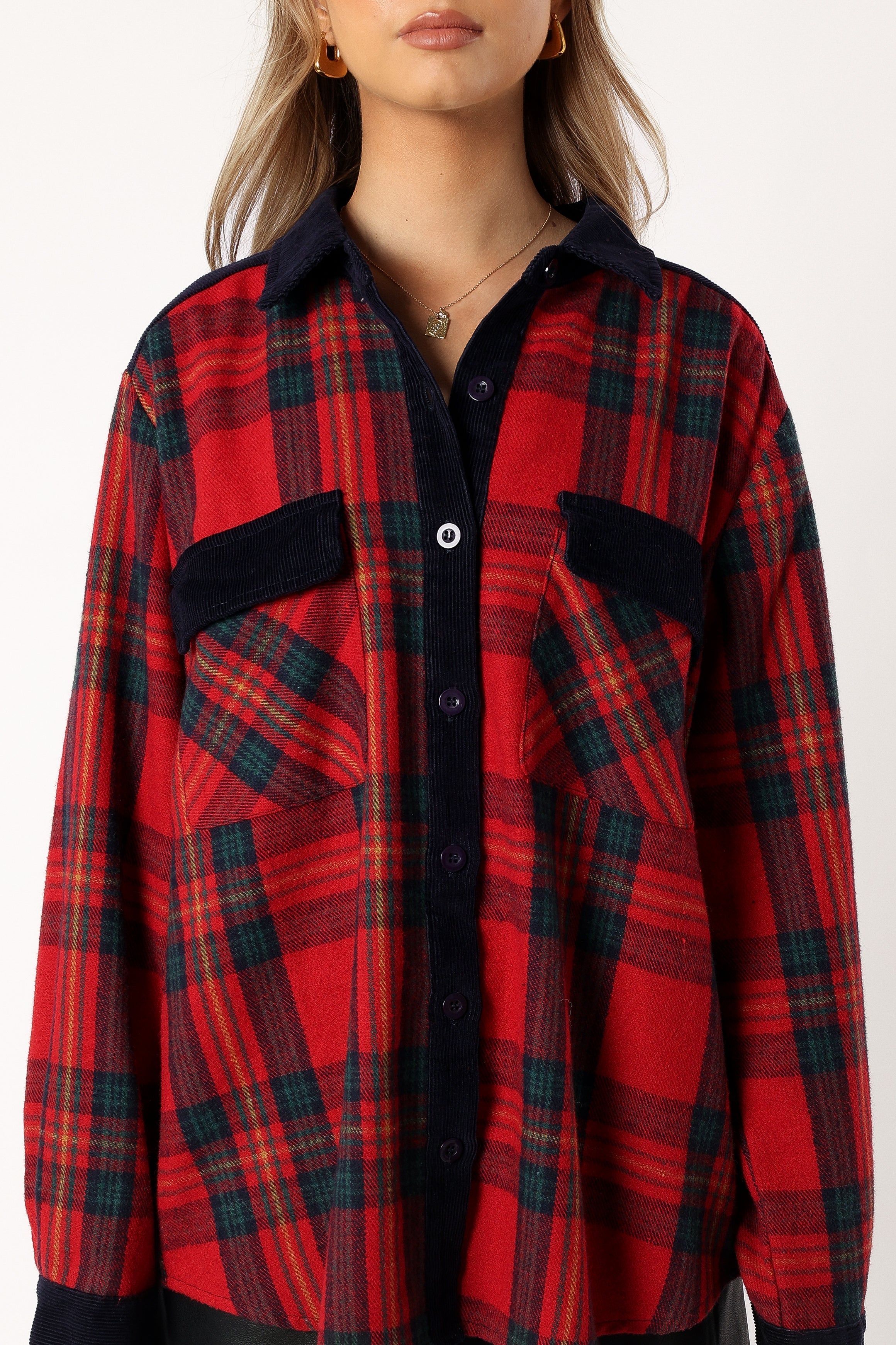 OUTERWEAR @Lucille Plaid Shacket - Red/Navy
