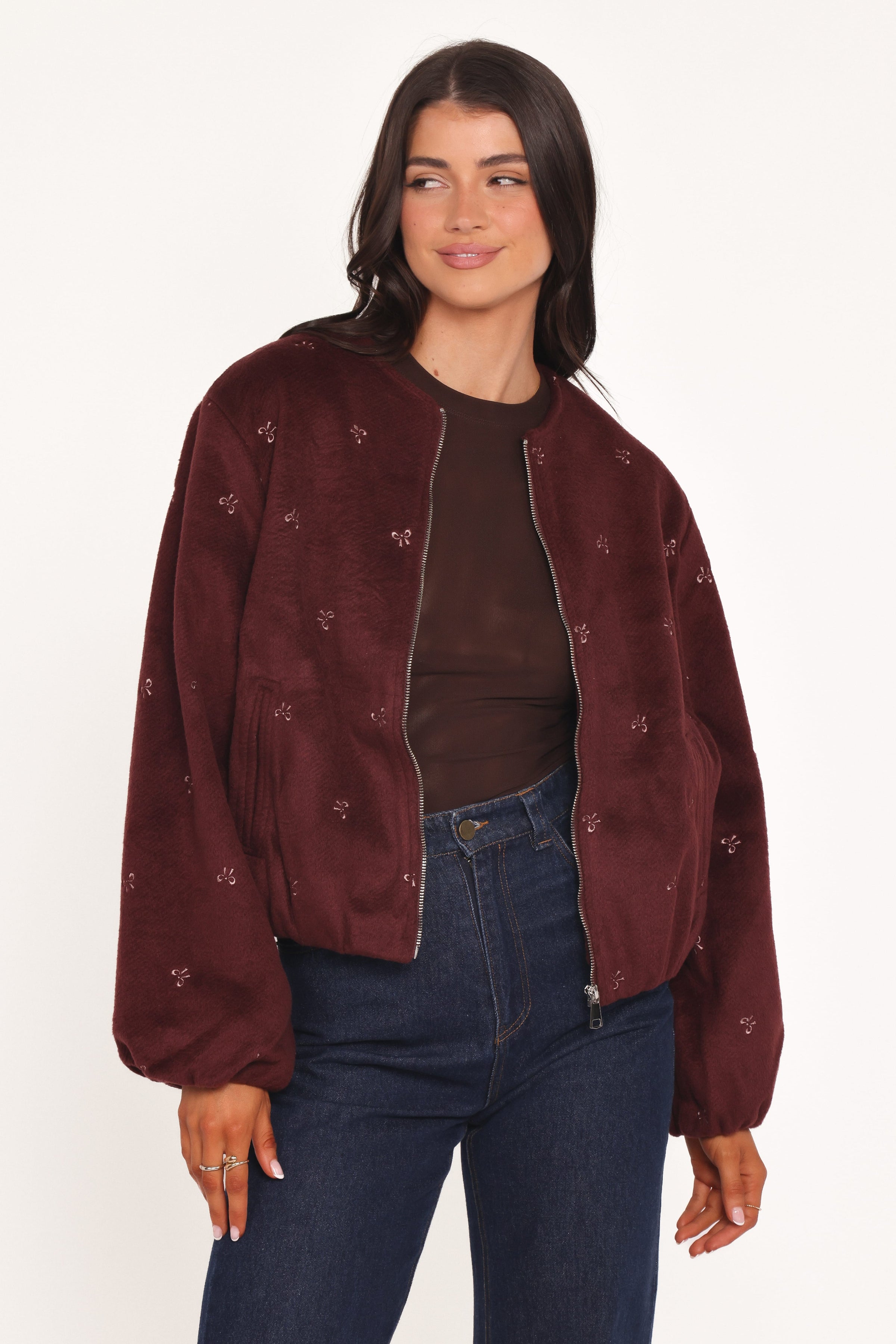 OUTERWEAR Marla Cropped Bomber - Cherry