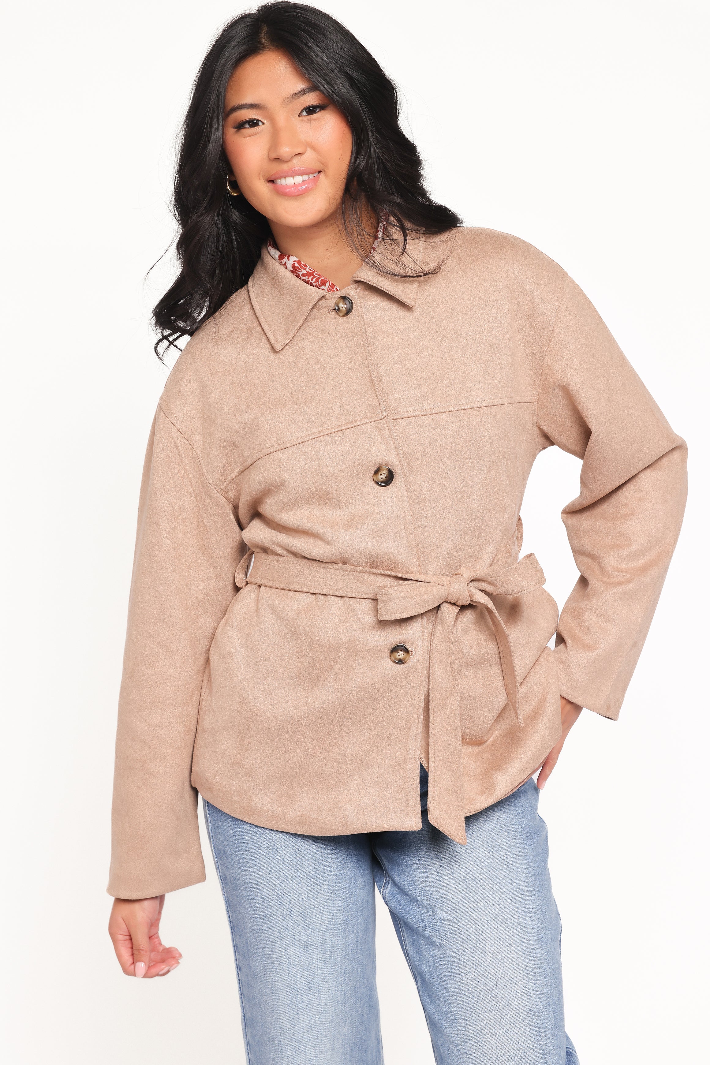OUTERWEAR Nelly Faux Suede Cropped Trench Coat - Mushroom