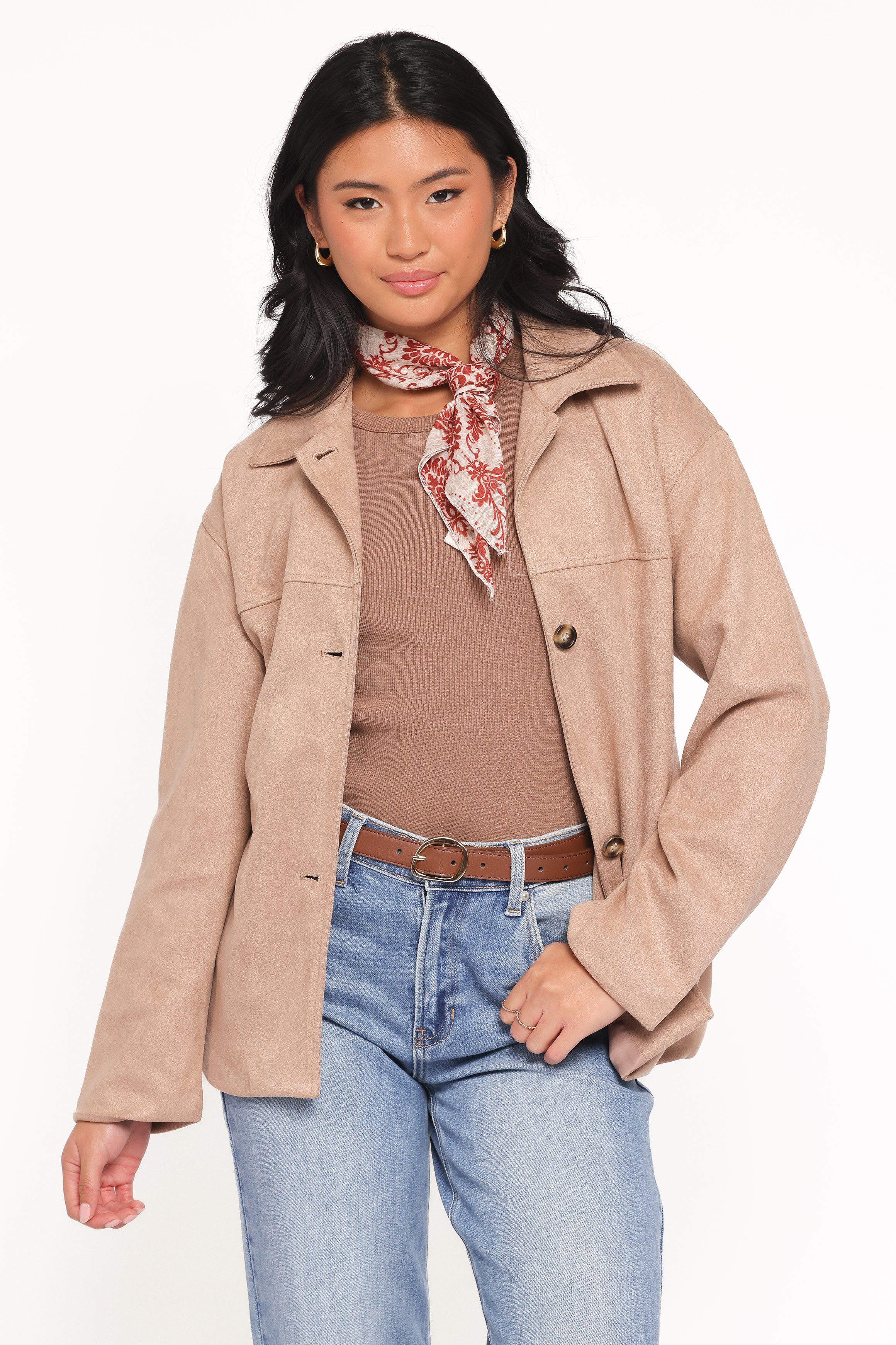 OUTERWEAR Nelly Faux Suede Cropped Trench Coat - Mushroom