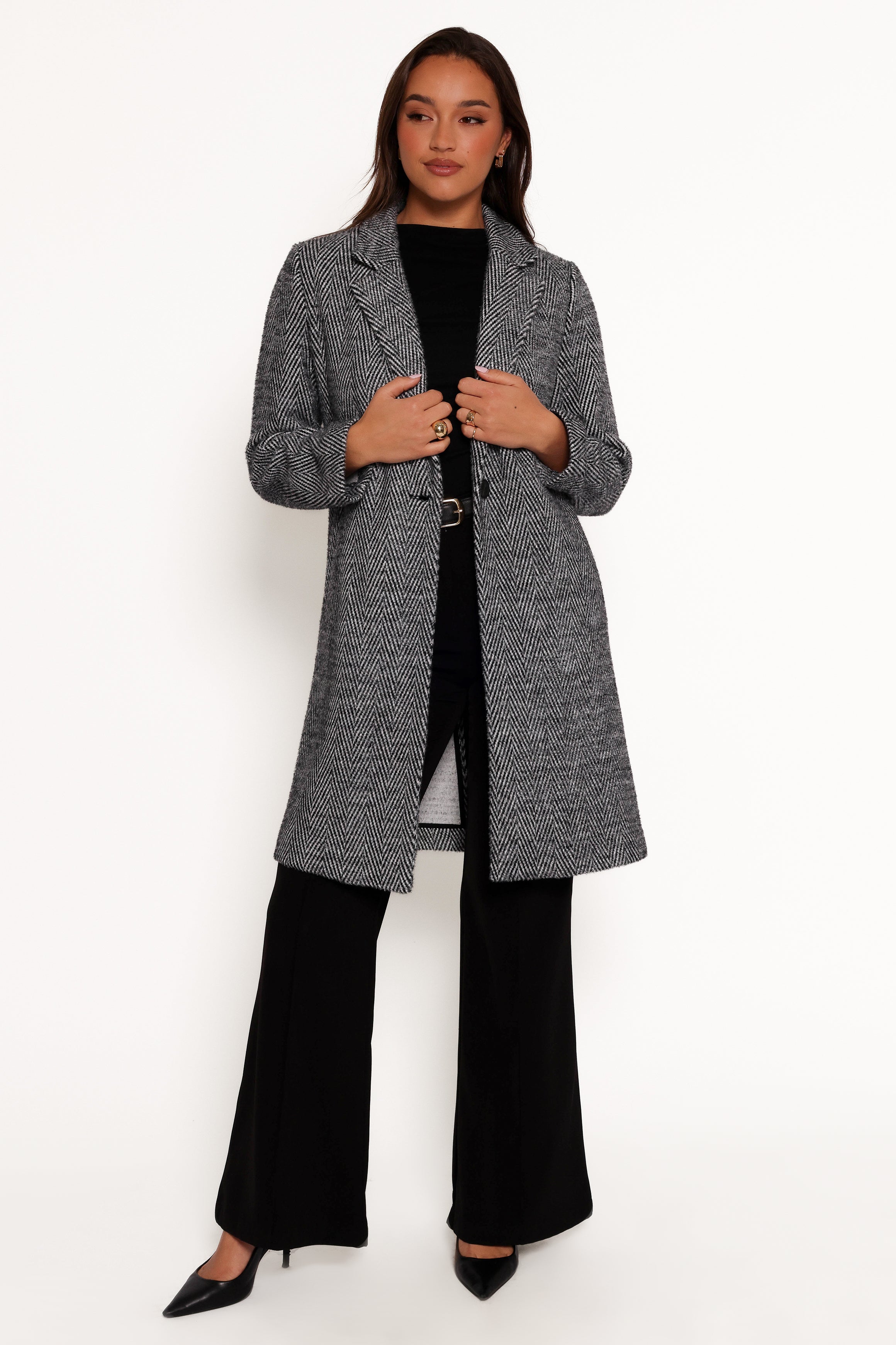 OUTERWEAR Nicoletta Single Button Herringbone Coat - Black