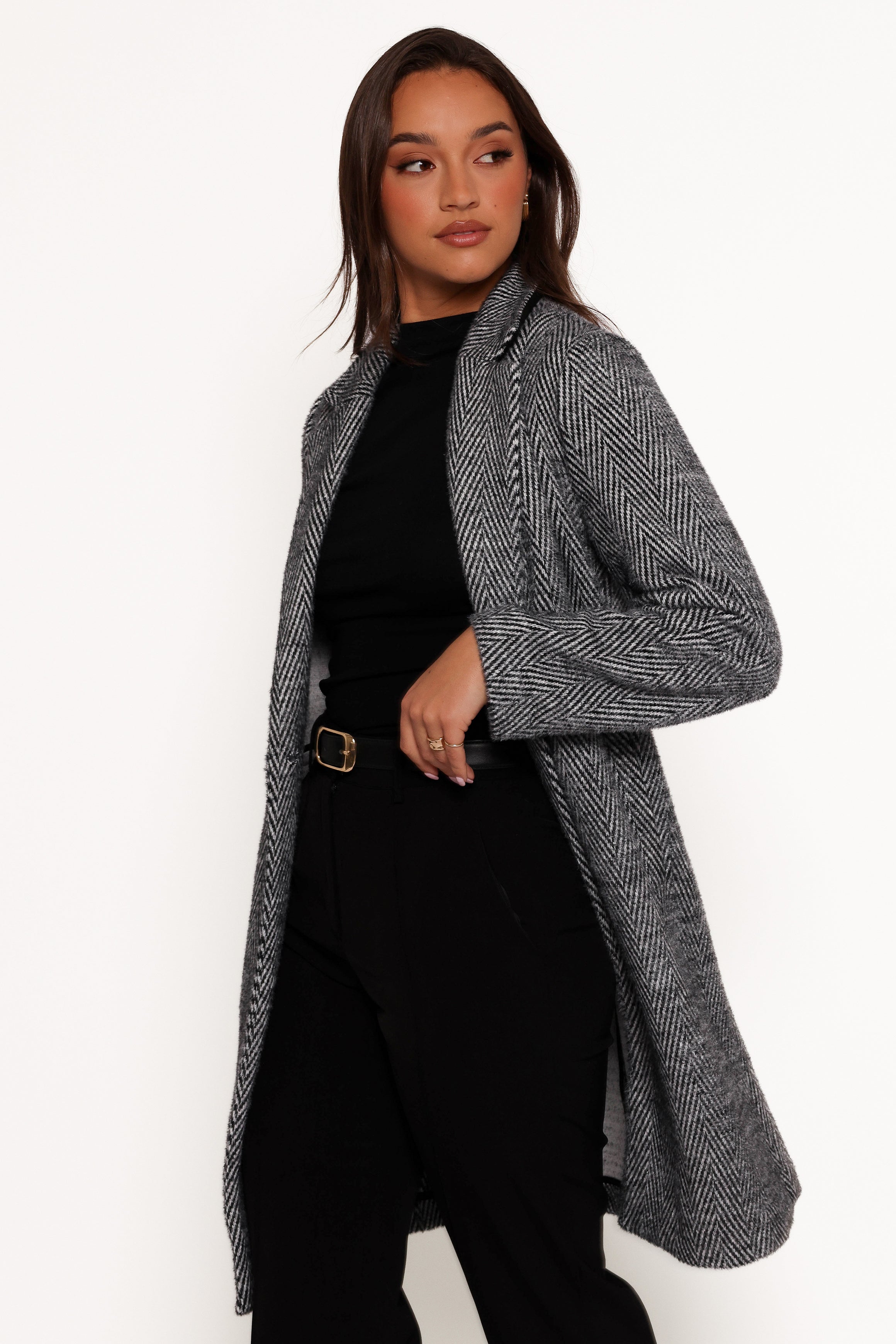 OUTERWEAR Nicoletta Single Button Herringbone Coat - Black