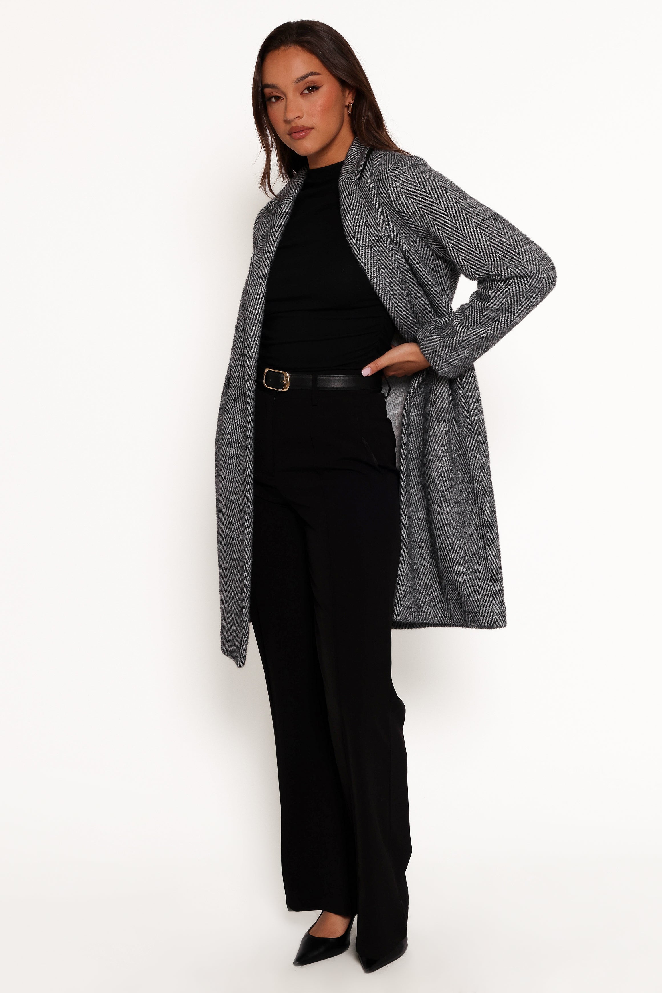OUTERWEAR Nicoletta Single Button Herringbone Coat - Black
