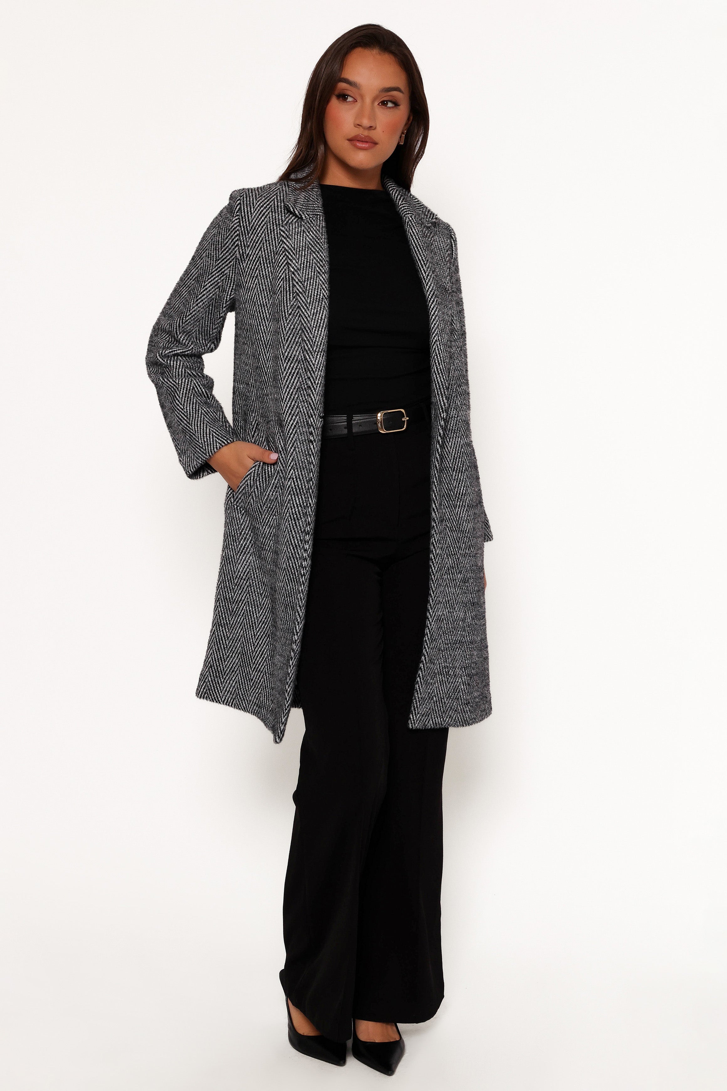 OUTERWEAR Nicoletta Single Button Herringbone Coat - Black