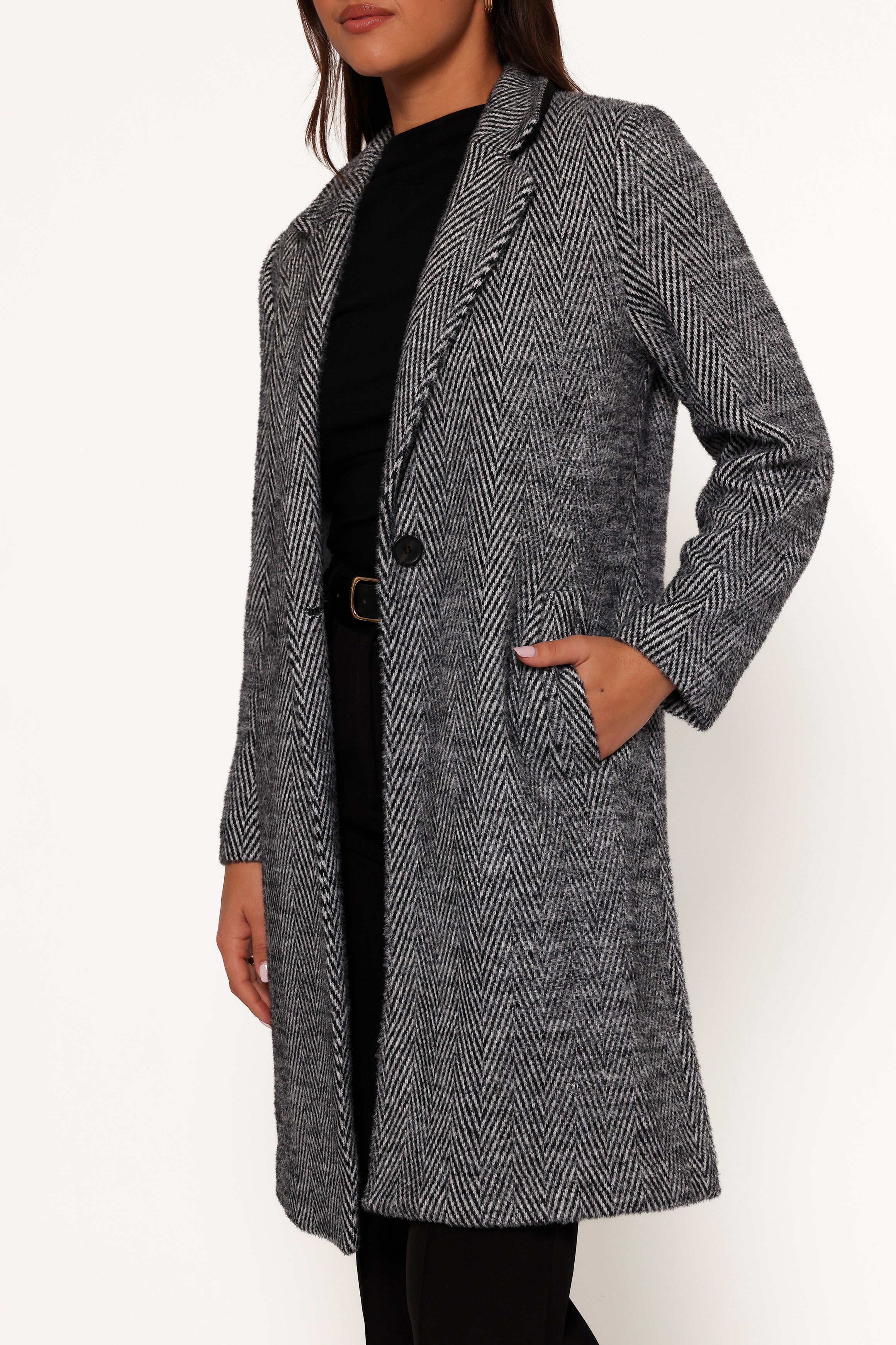 OUTERWEAR Nicoletta Single Button Herringbone Coat - Black
