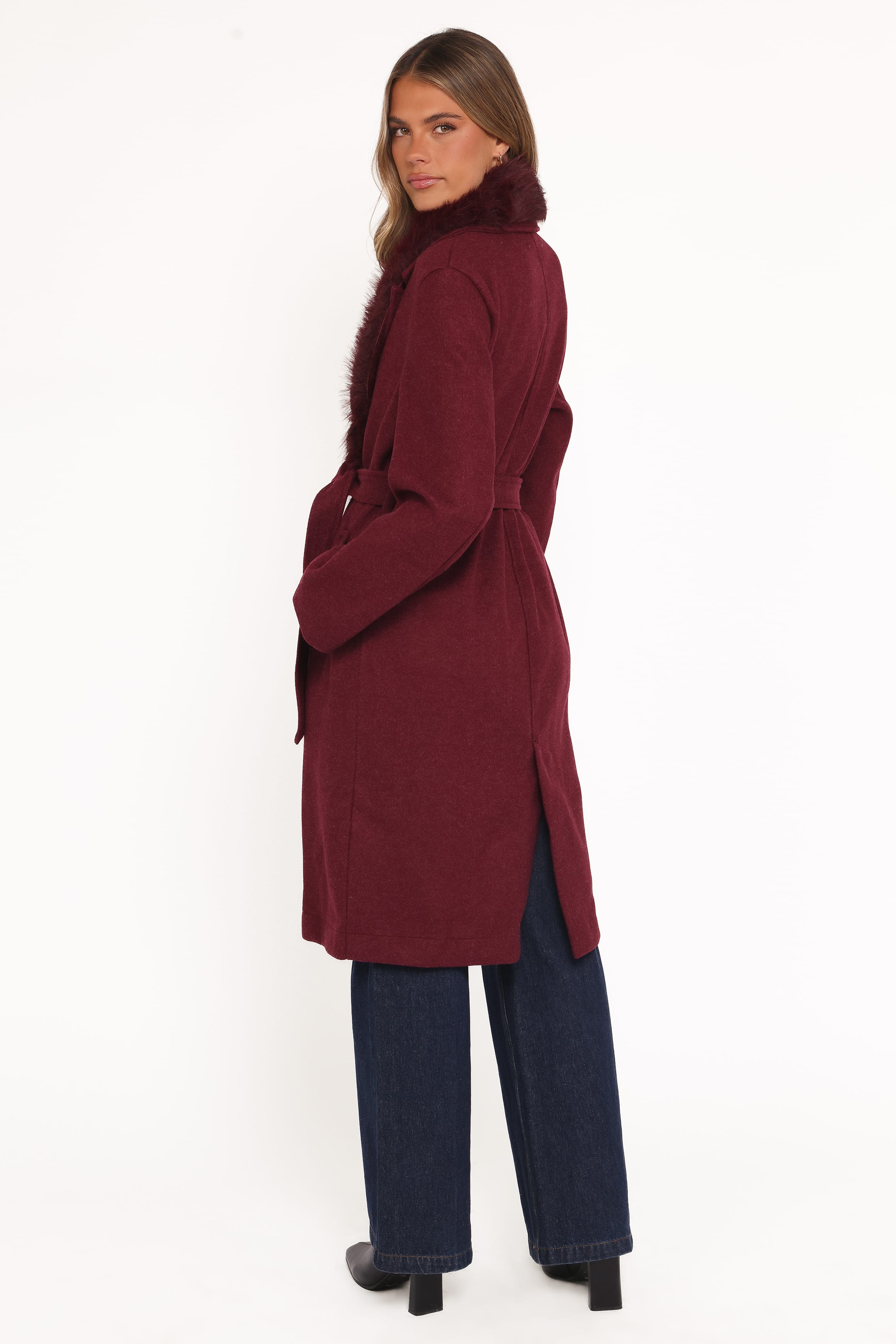 OUTERWEAR Nina Fur Collar Tie Waist Coat - Burgundy