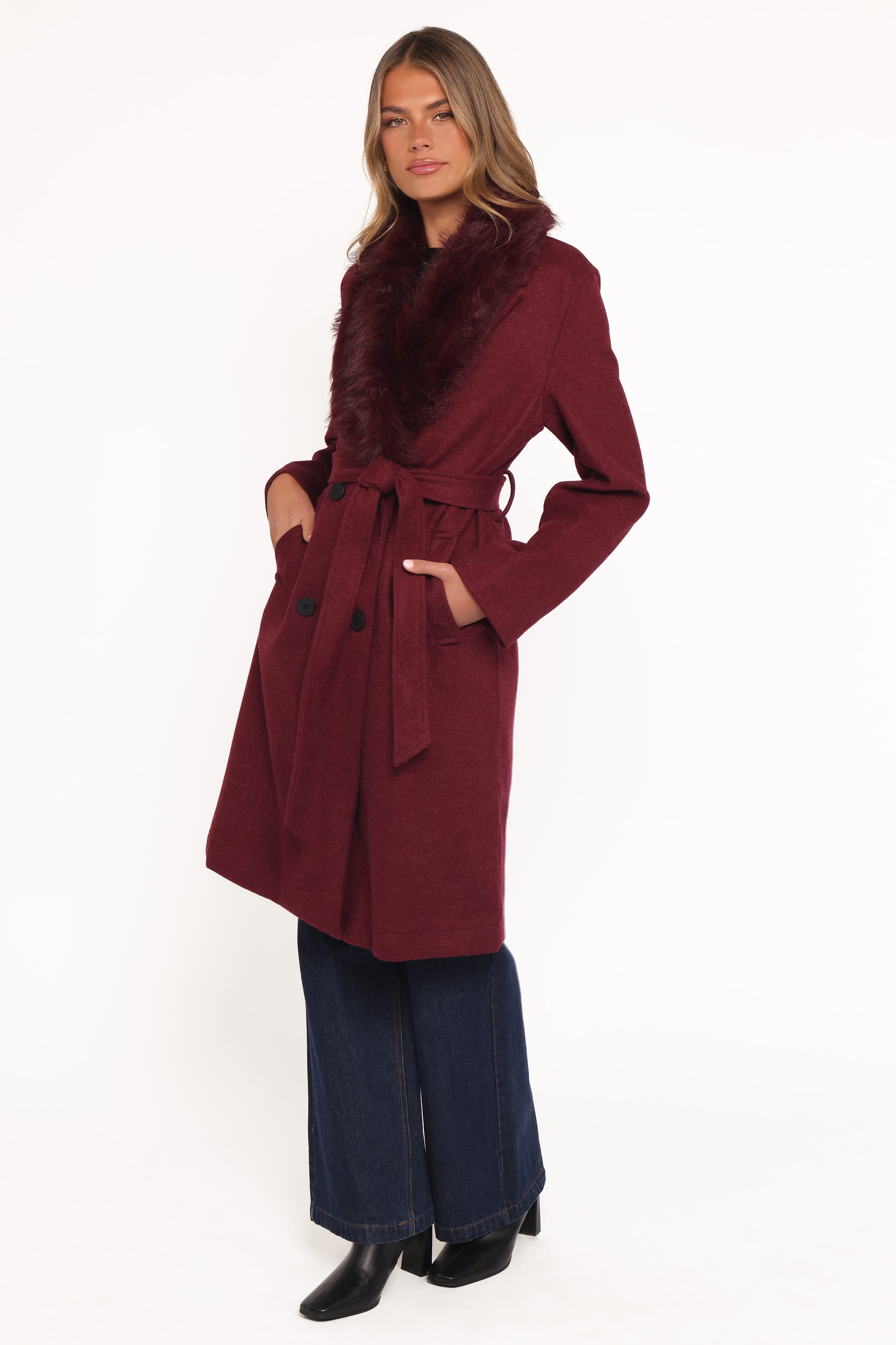 OUTERWEAR Nina Fur Collar Tie Waist Coat - Burgundy