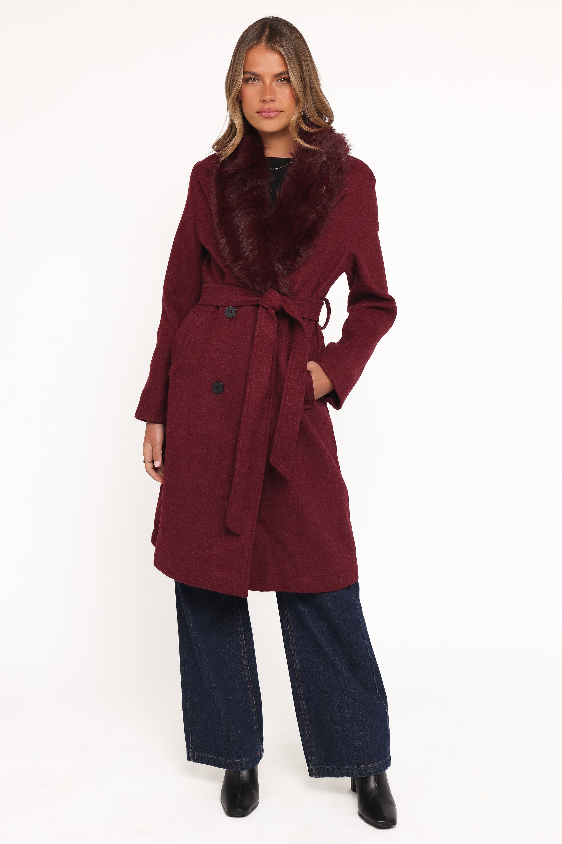 OUTERWEAR Nina Fur Collar Tie Waist Coat - Burgundy