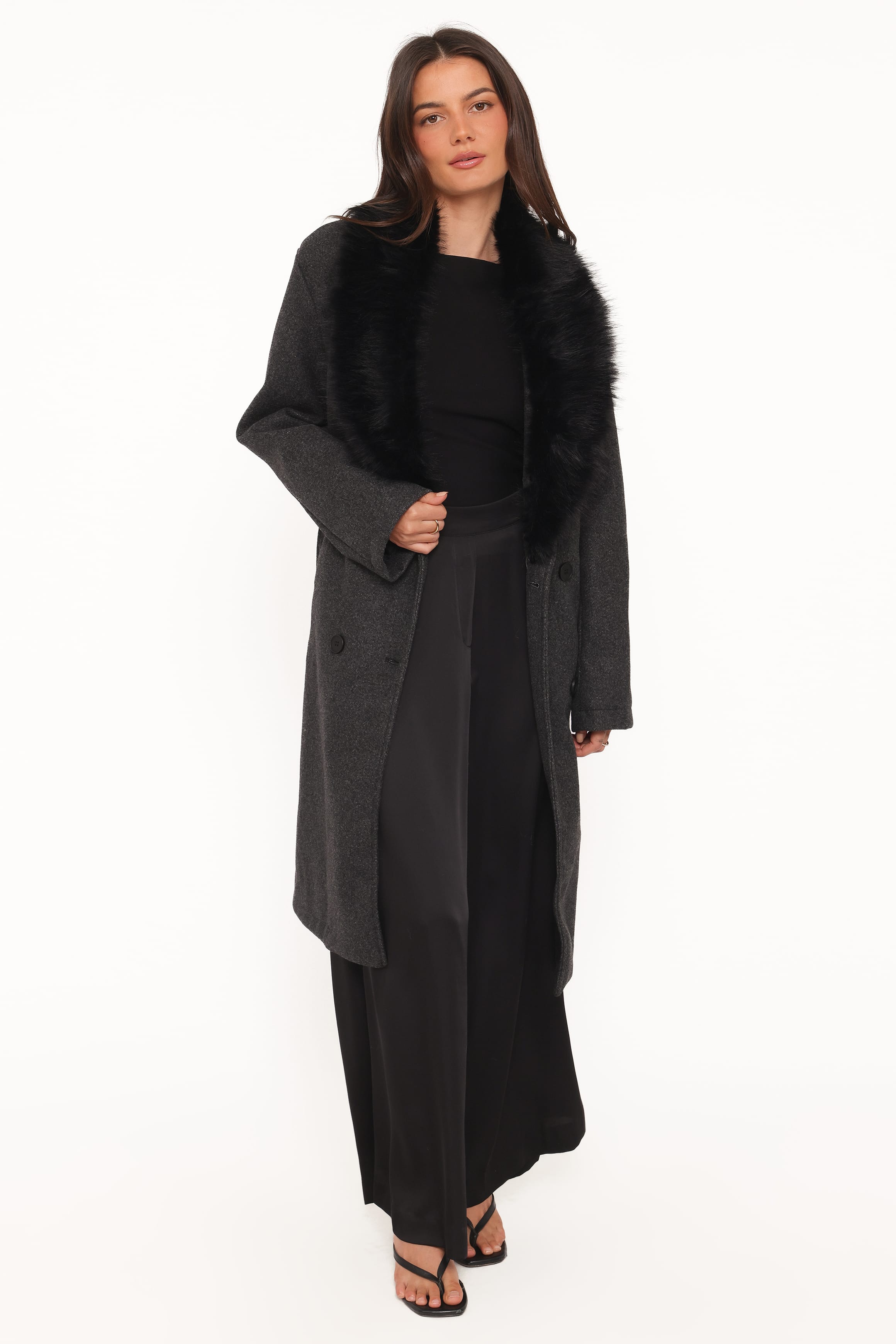 OUTERWEAR Nina Fur Collar Tie Waist Coat - Charcoal