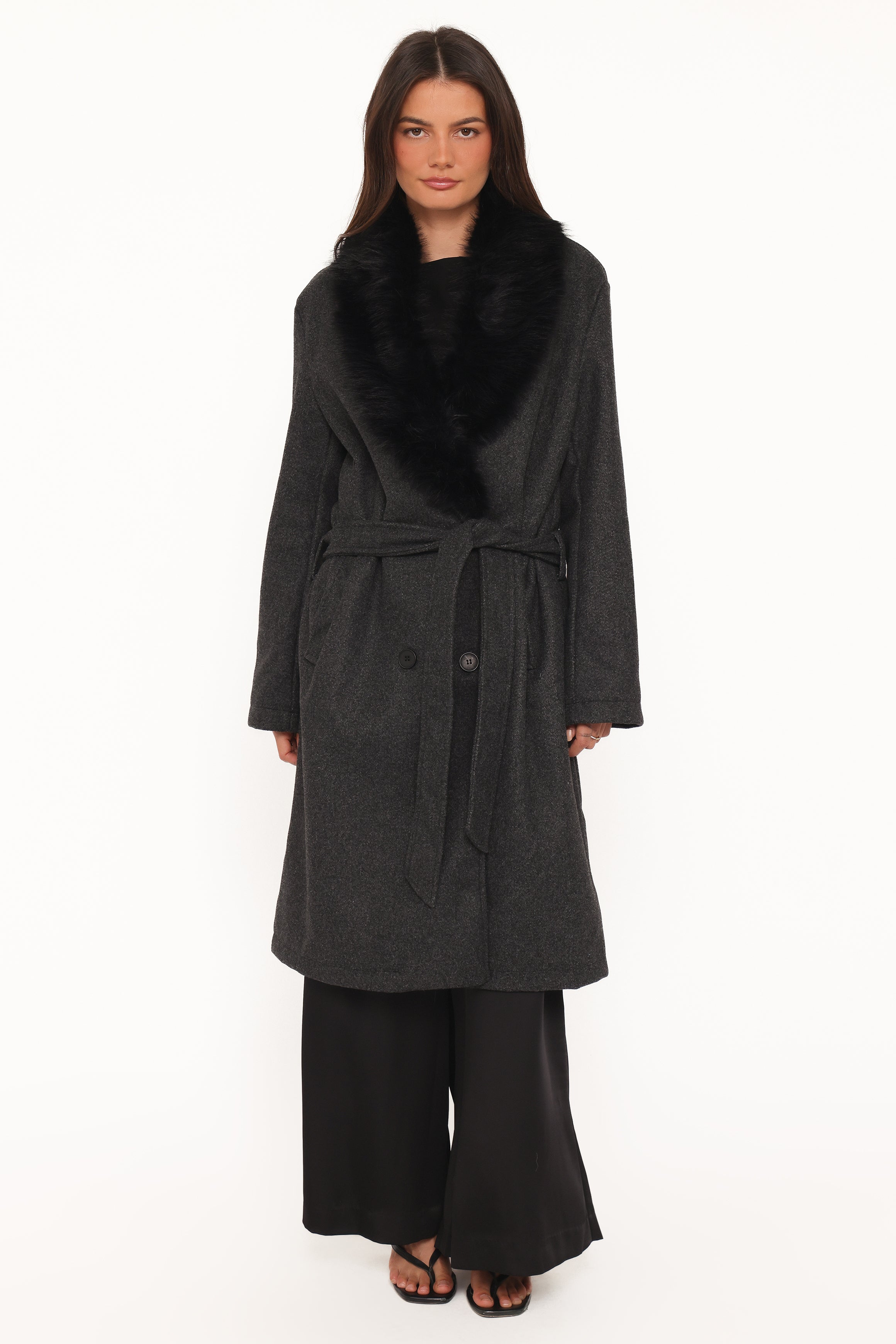 OUTERWEAR Nina Fur Collar Tie Waist Coat - Charcoal