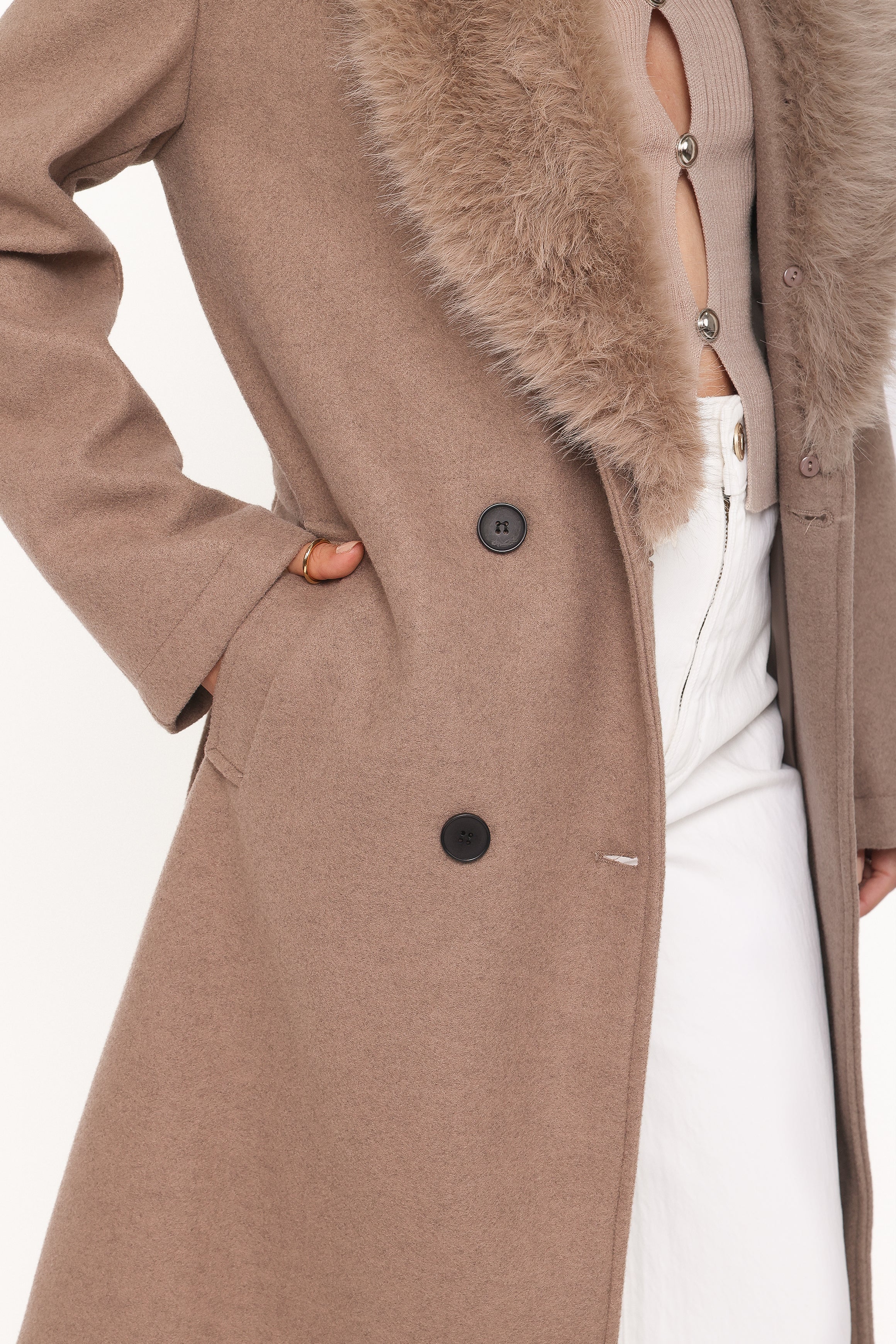 OUTERWEAR Nina Fur Collar Tie Waist Coat - Toffee Brown