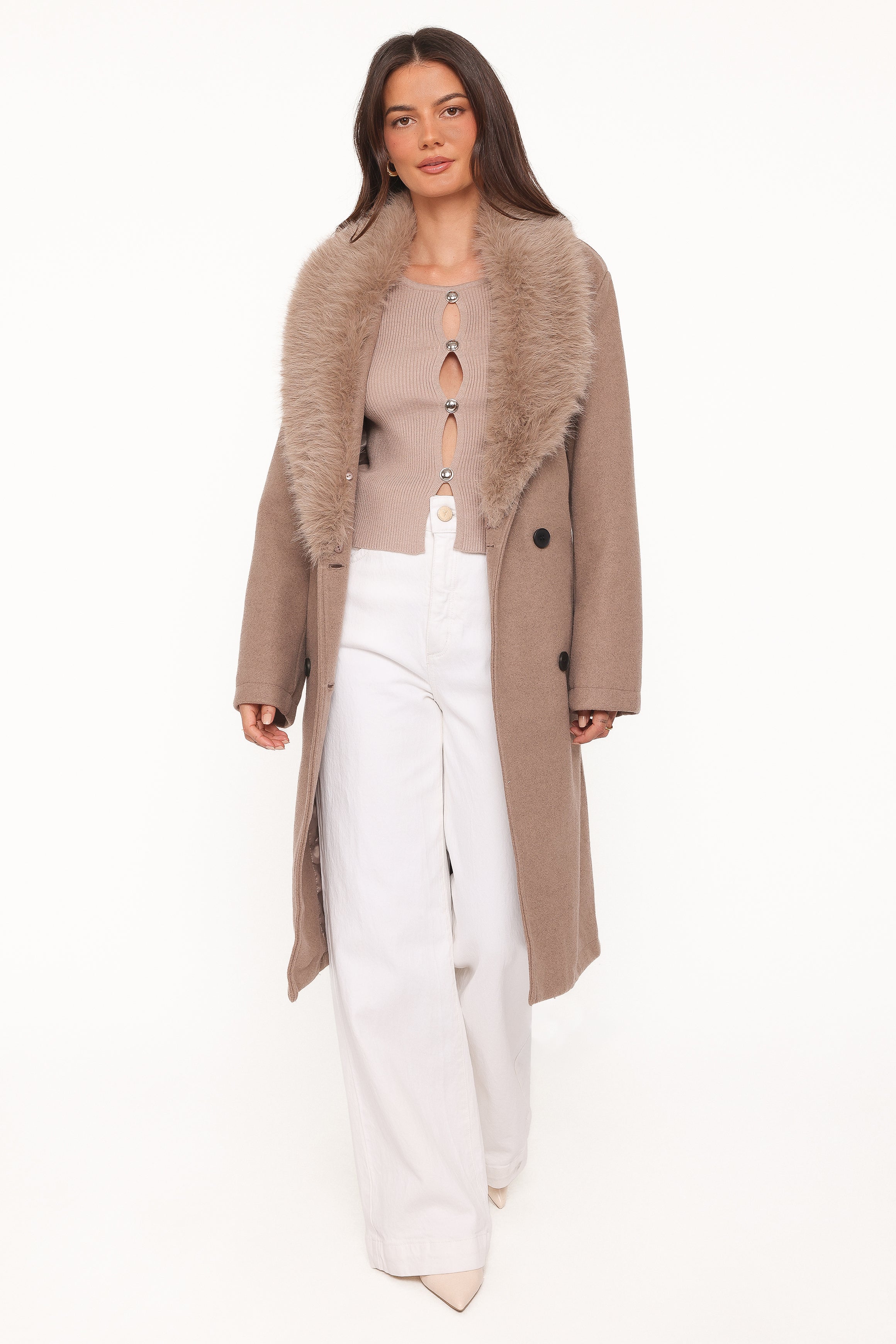 OUTERWEAR Nina Fur Collar Tie Waist Coat - Toffee Brown