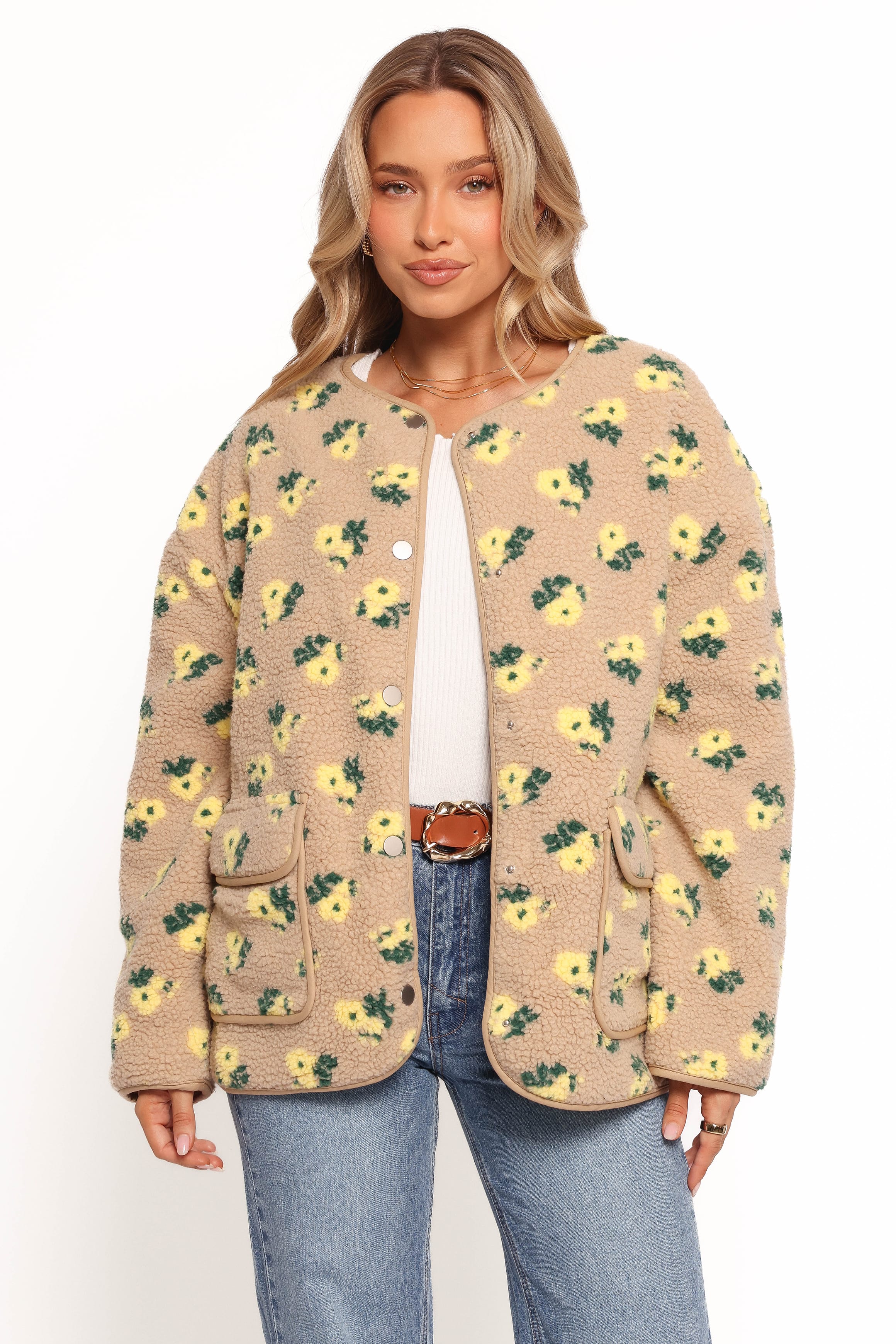 OUTERWEAR Roux Flower Print Shearling Jacket - Taupe