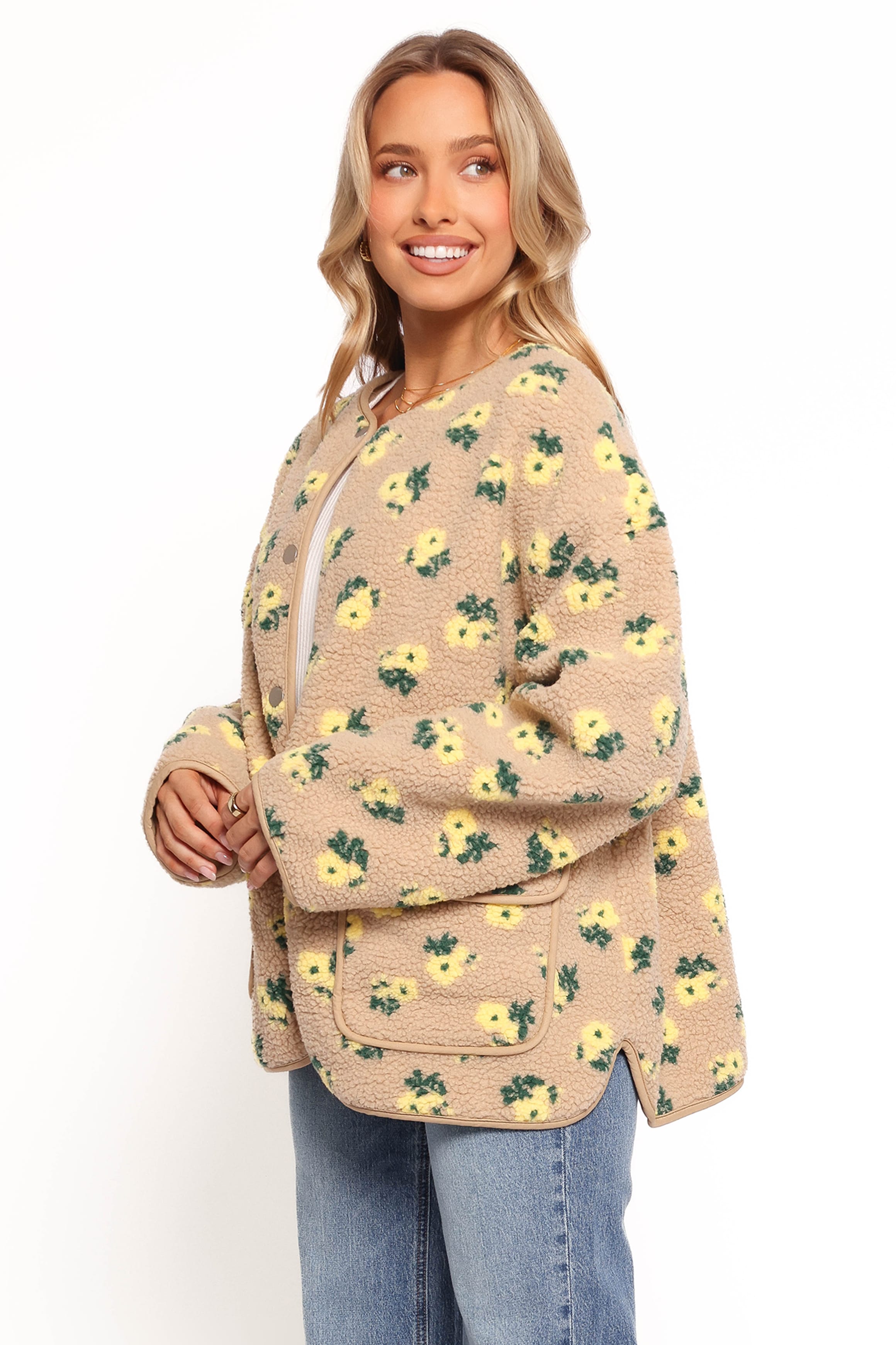 OUTERWEAR Roux Flower Print Shearling Jacket - Taupe