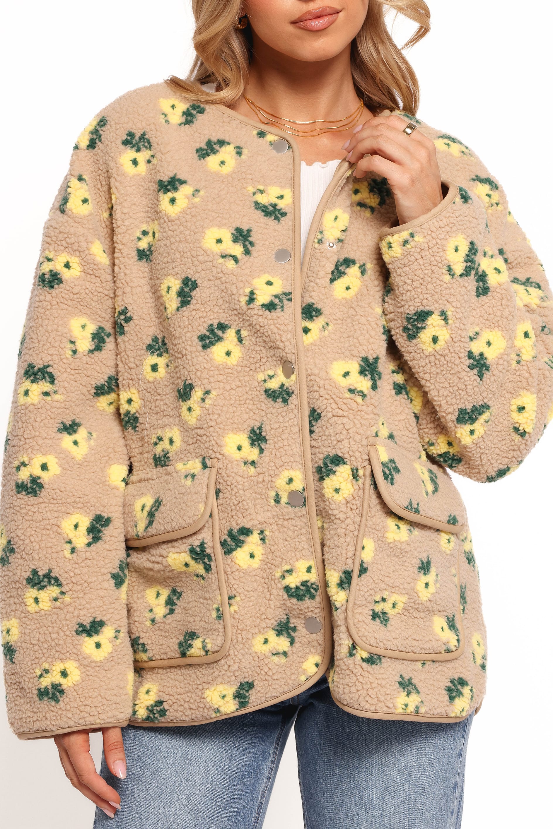 OUTERWEAR Roux Flower Print Shearling Jacket - Taupe