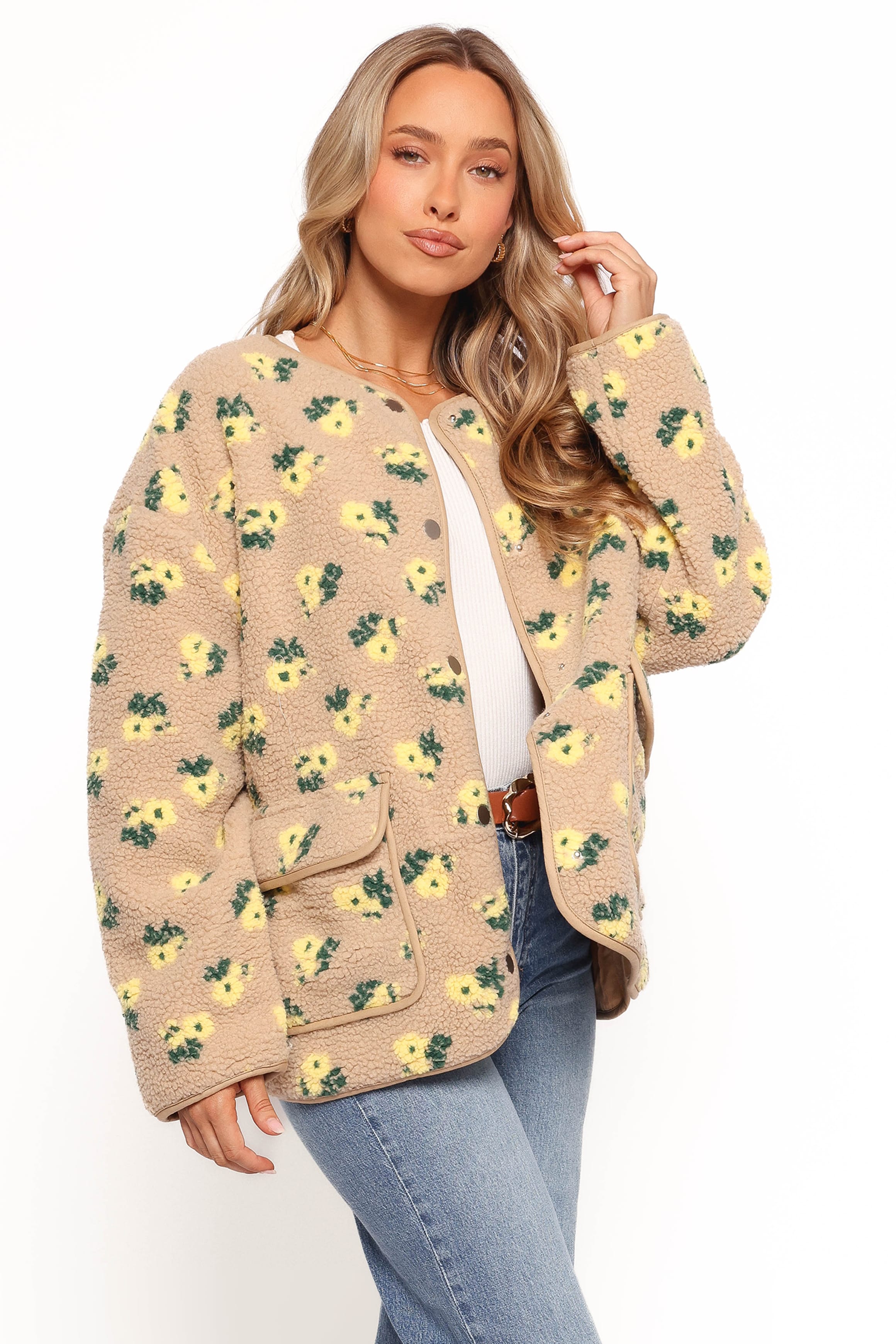 OUTERWEAR Roux Flower Print Shearling Jacket - Taupe