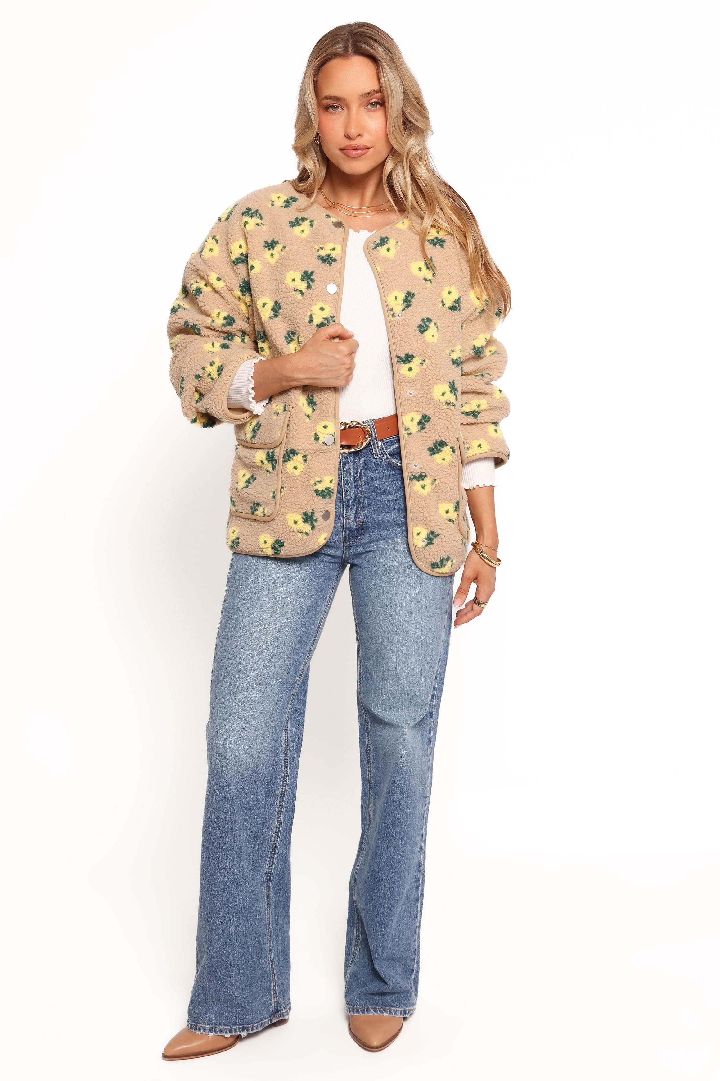 OUTERWEAR Roux Flower Print Shearling Jacket - Taupe