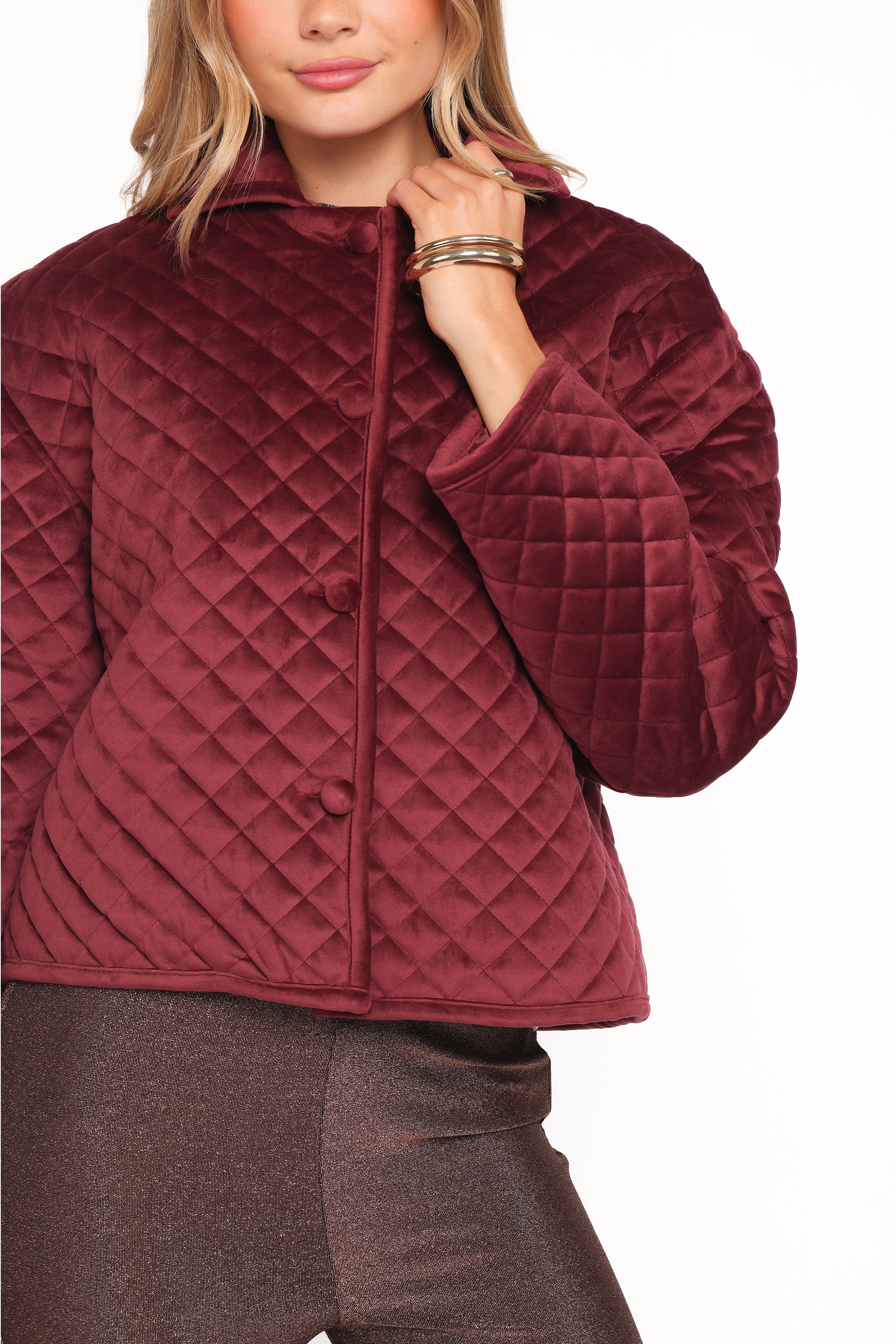 OUTERWEAR Roxanna Quilted Velvet Jacket - Wine