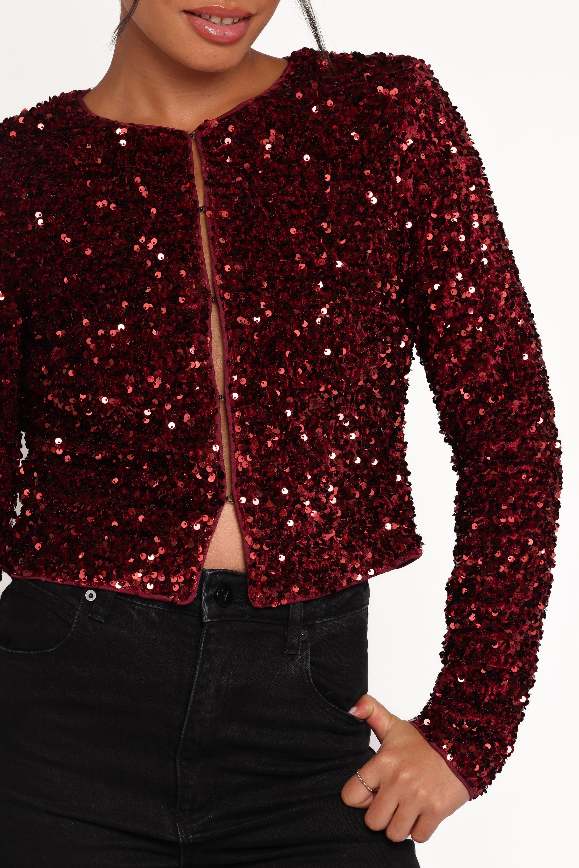 OUTERWEAR Scarlette Cropped Jacket - Burgundy Sequin