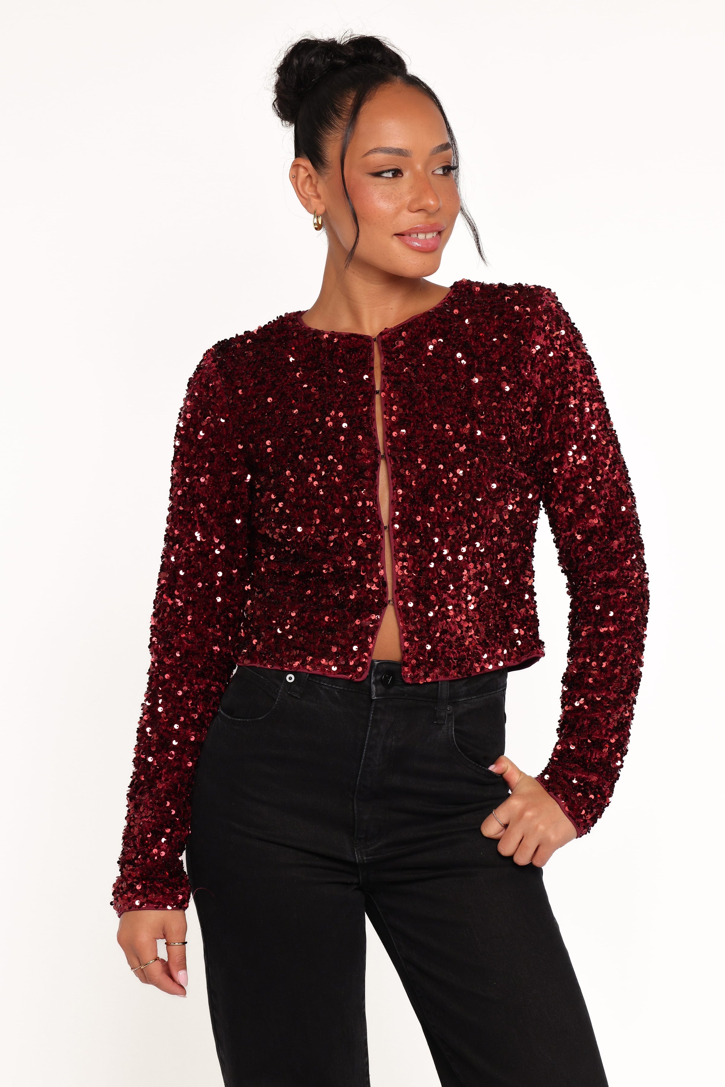 OUTERWEAR Scarlette Cropped Jacket - Burgundy Sequin
