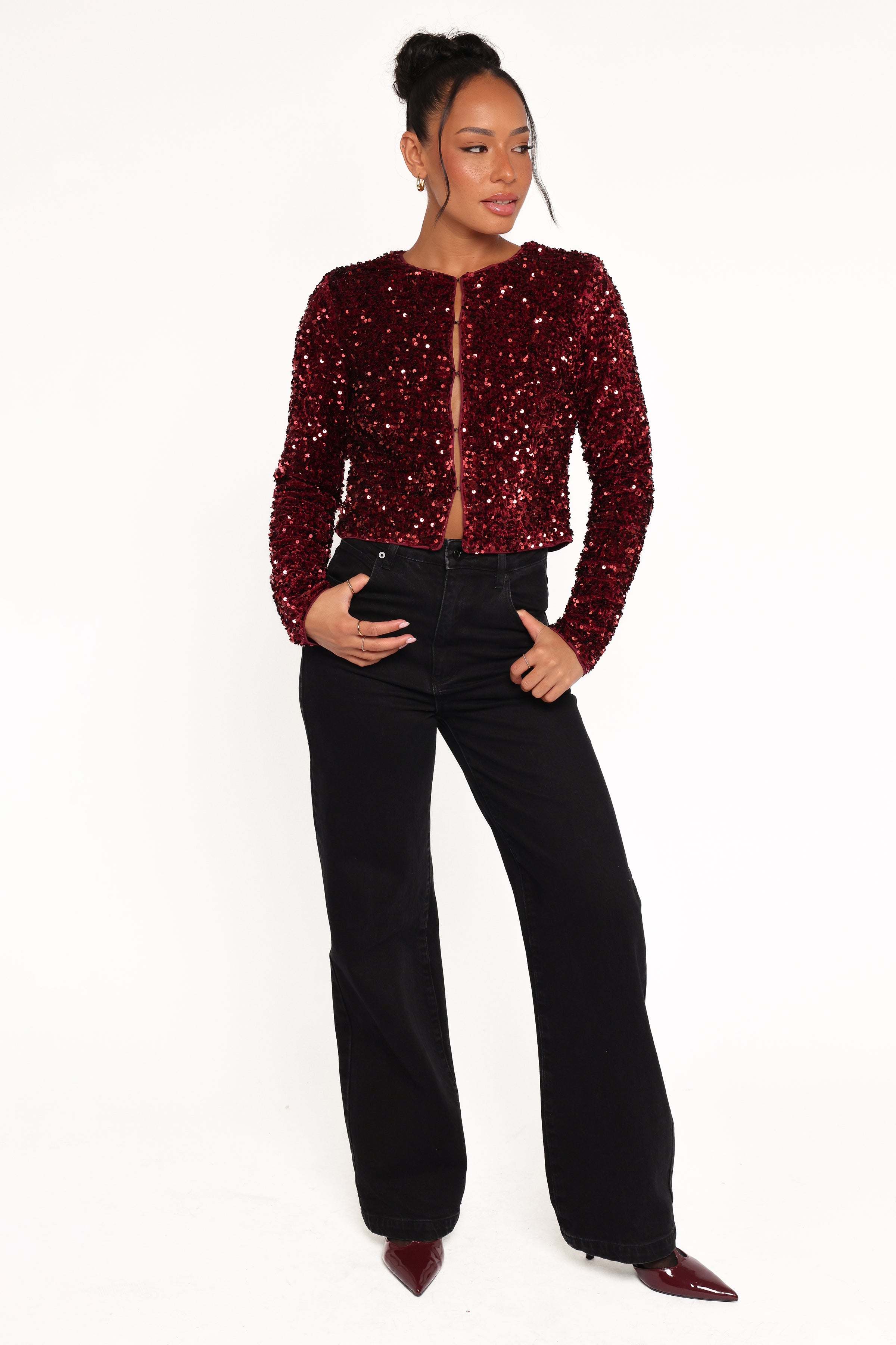 OUTERWEAR Scarlette Cropped Jacket - Burgundy Sequin