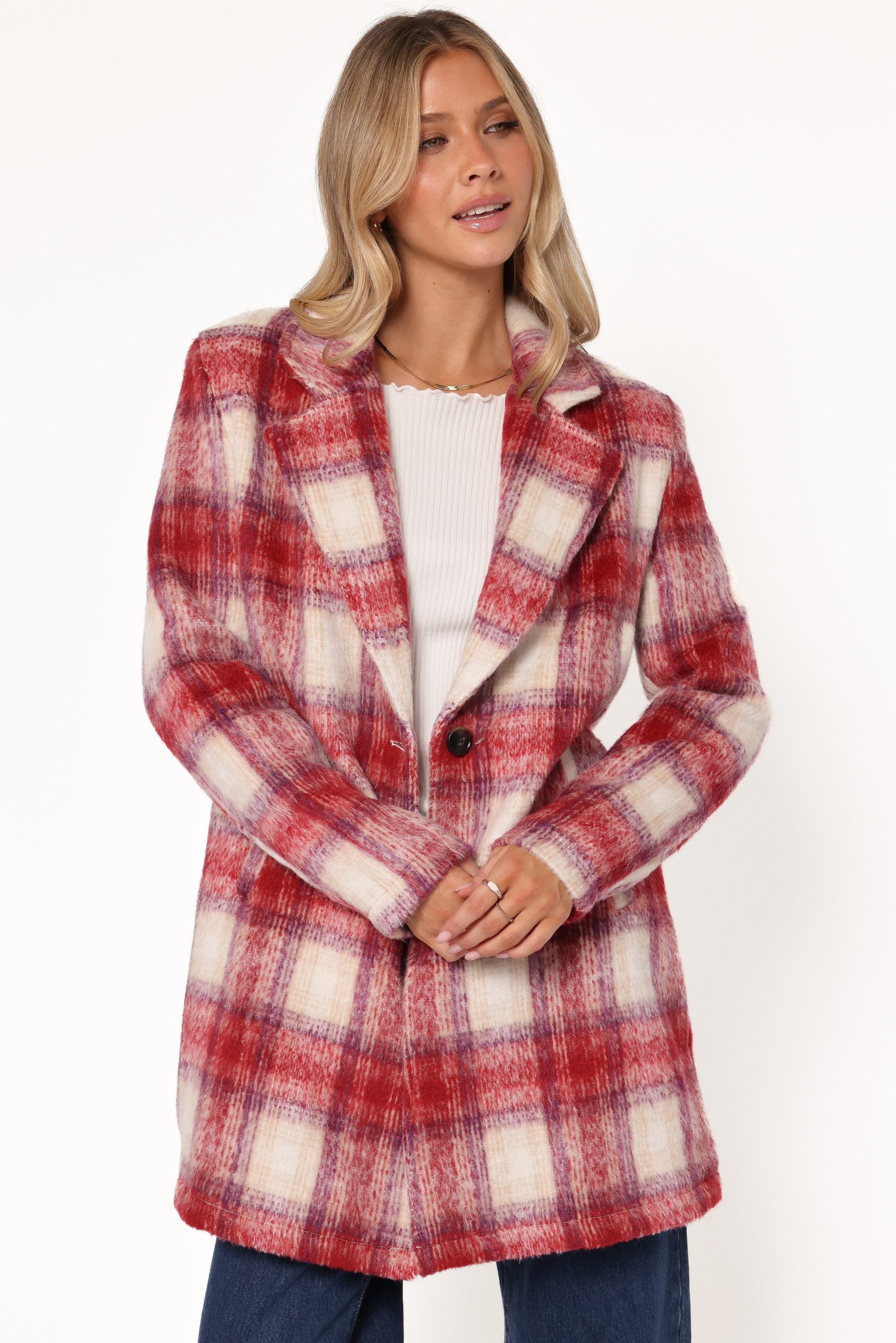 OUTERWEAR Travistine Long Plaid Coat - Pink