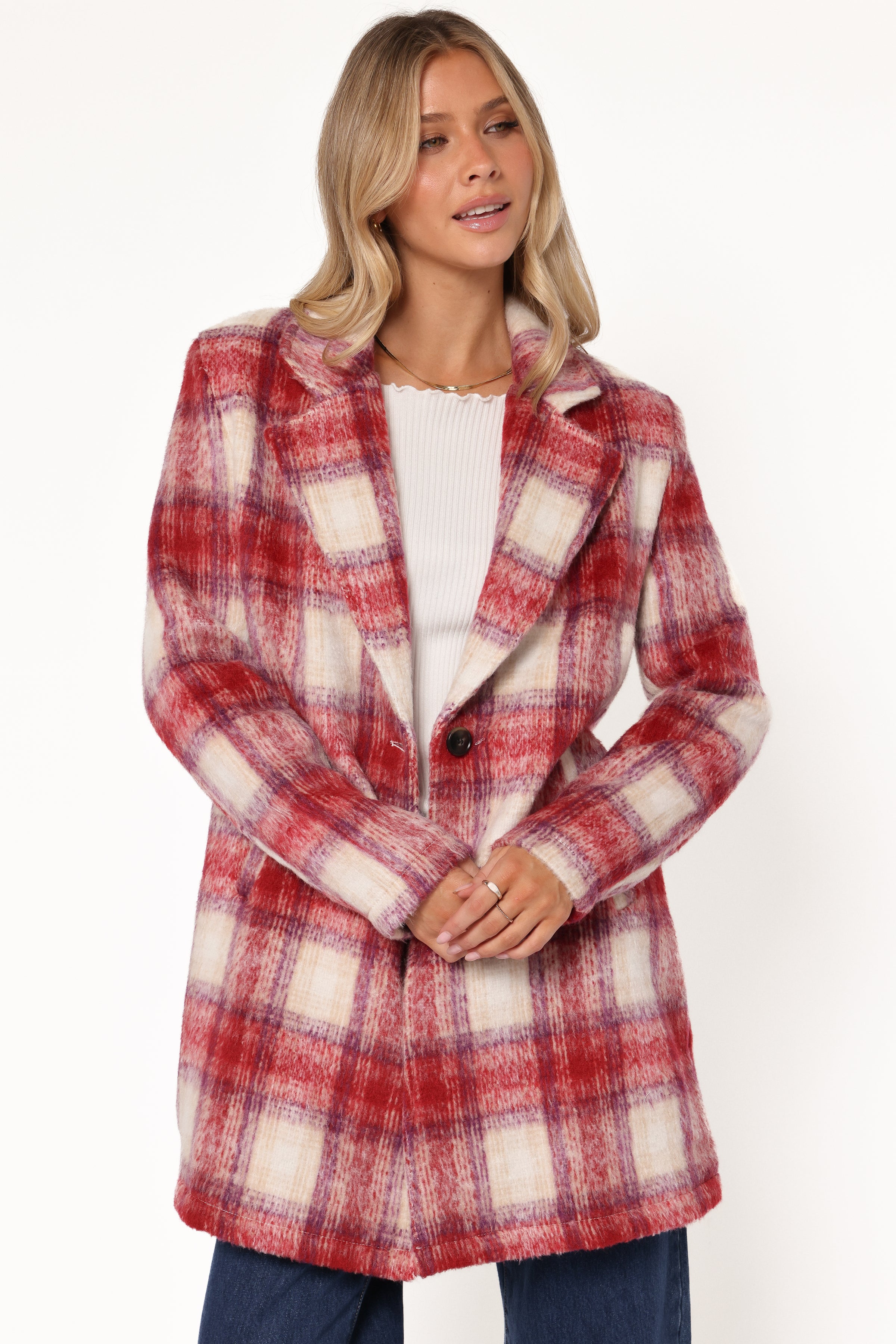 OUTERWEAR Travistine Long Plaid Coat - Pink