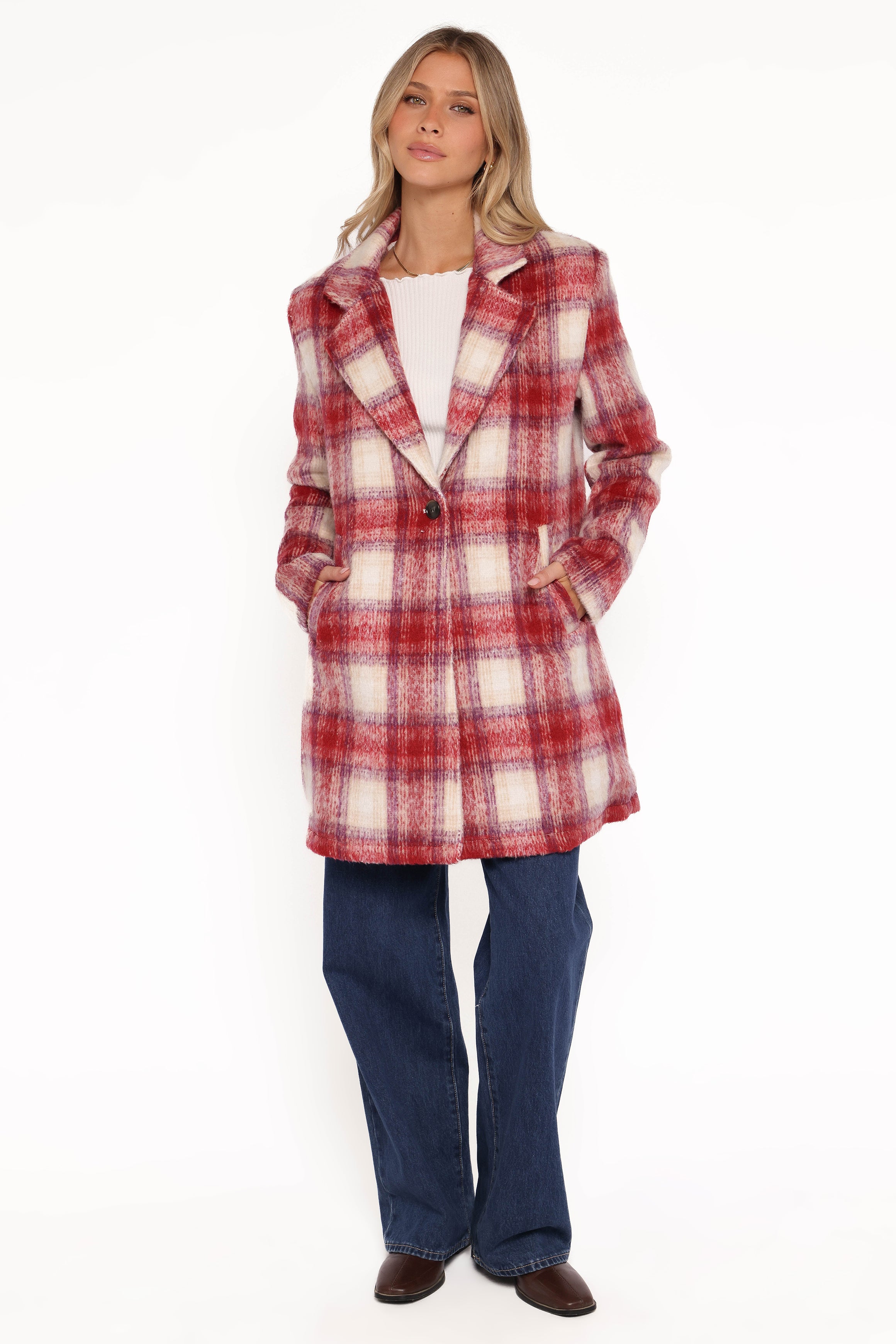 OUTERWEAR Travistine Long Plaid Coat - Pink