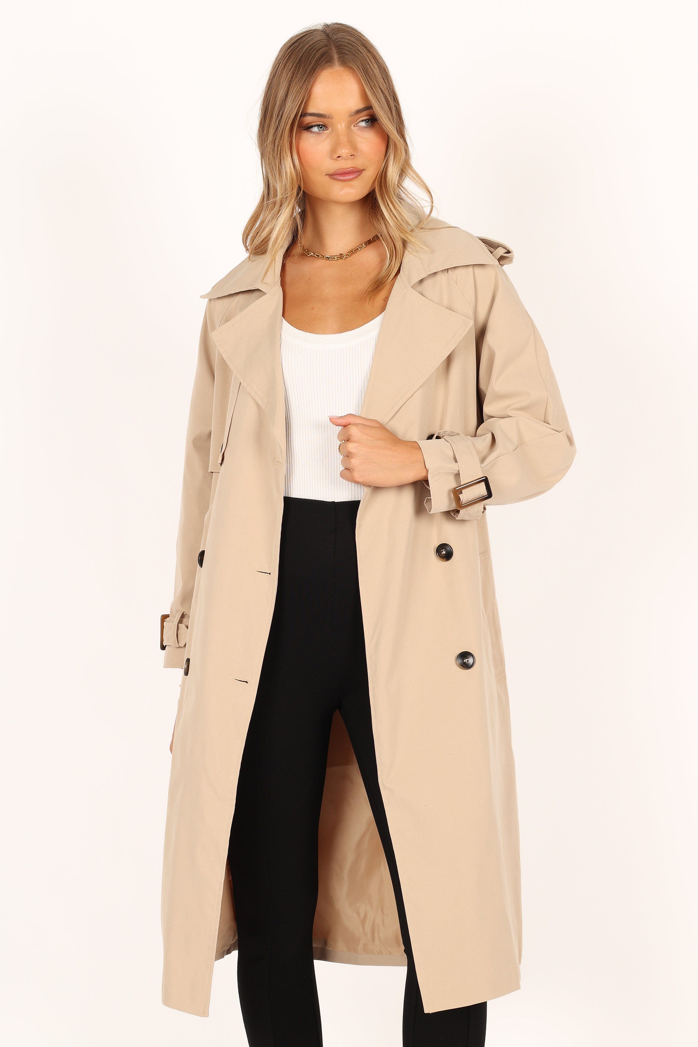 OUTERWEAR Trina Button Front Trench Coat - Beige