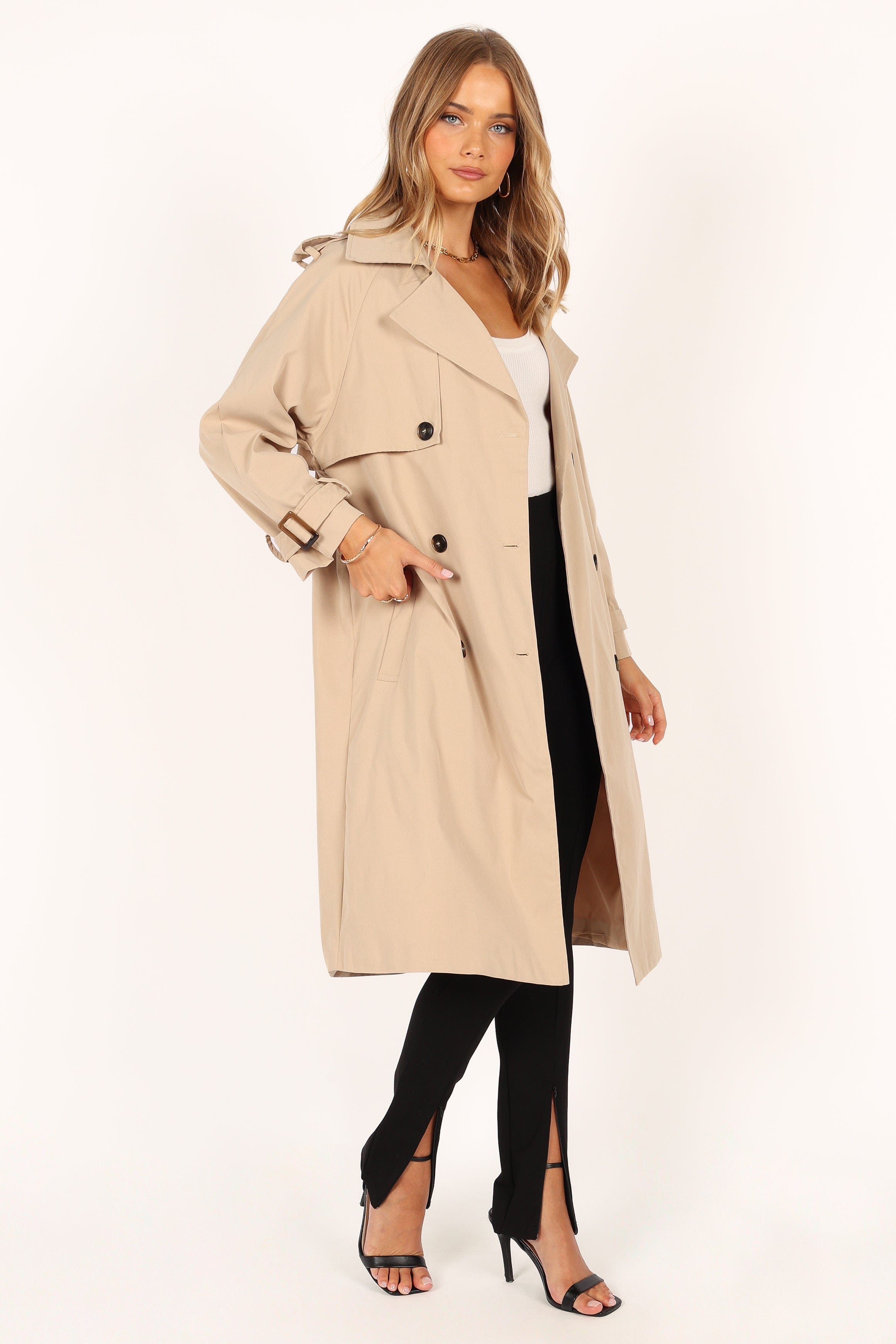 OUTERWEAR Trina Button Front Trench Coat - Beige