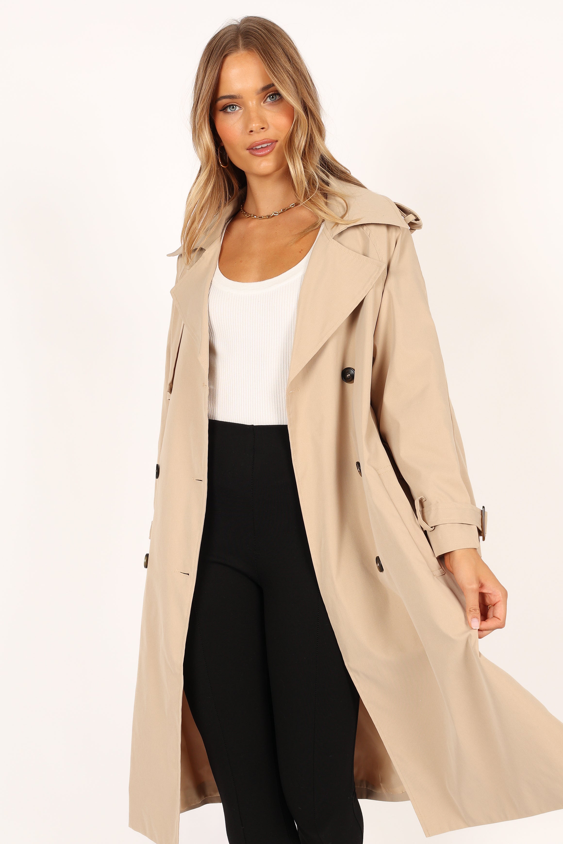 OUTERWEAR @Trina Button Front Trench Coat - Beige