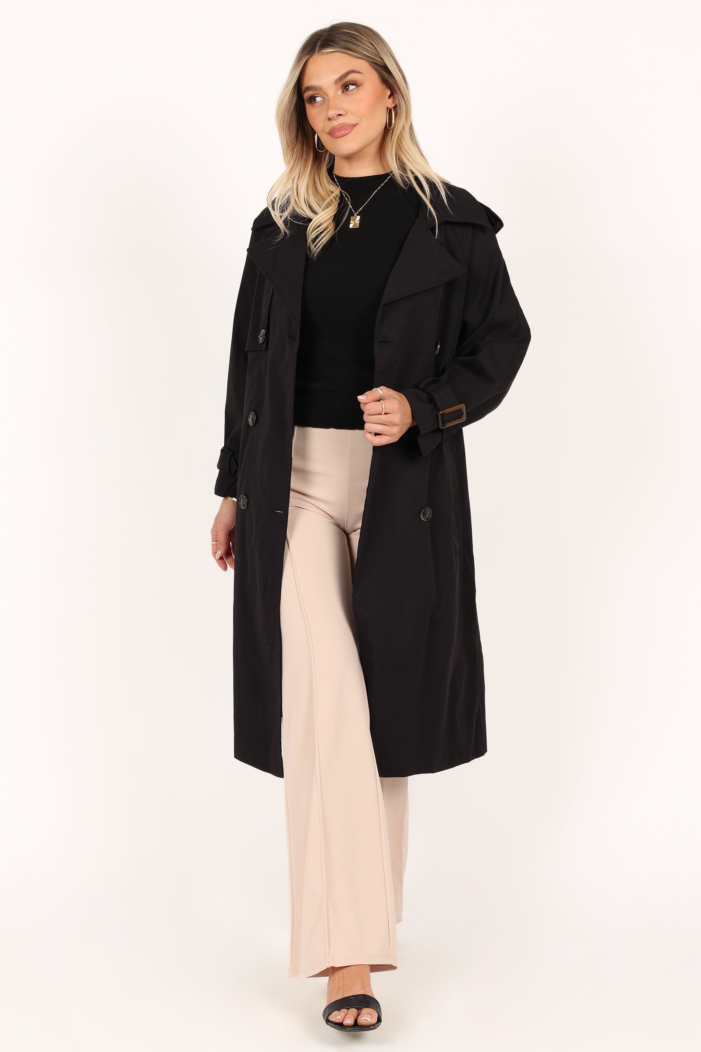 OUTERWEAR Trina Button Front Trench Coat - Black