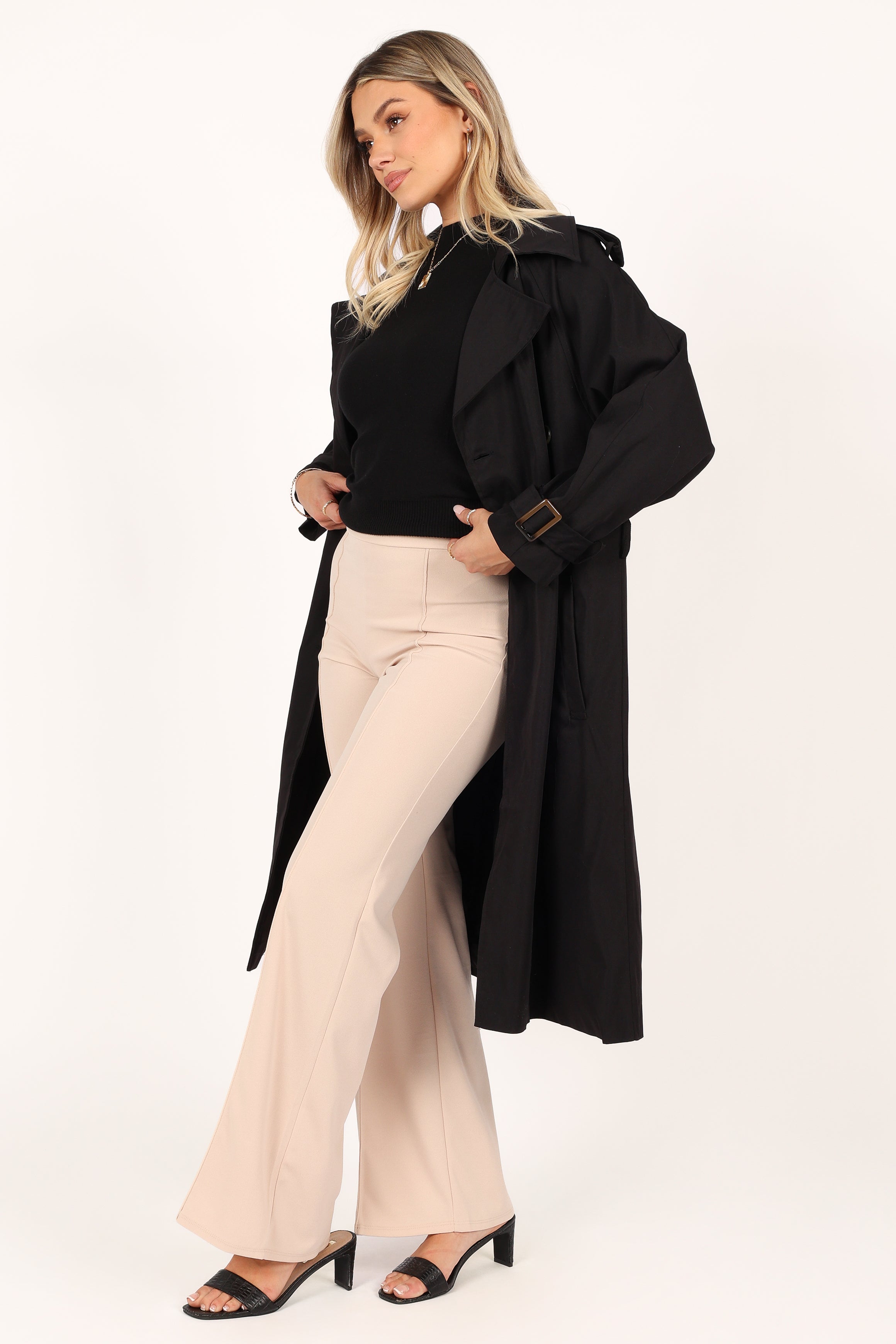 OUTERWEAR Trina Button Front Trench Coat - Black