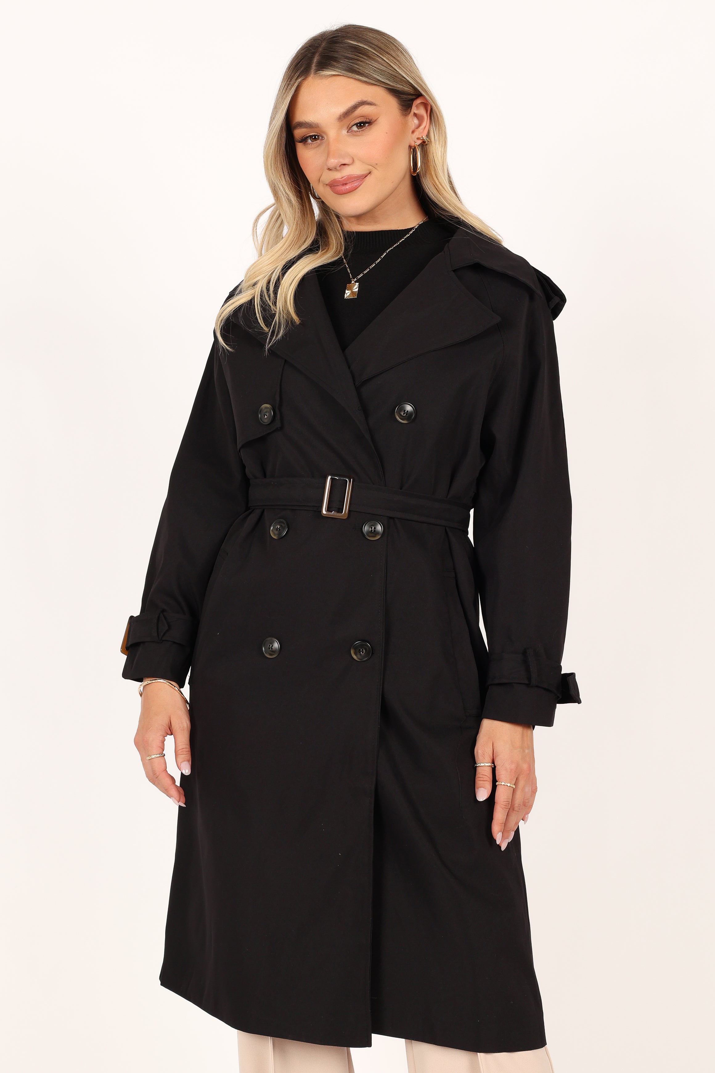OUTERWEAR Trina Button Front Trench Coat - Black