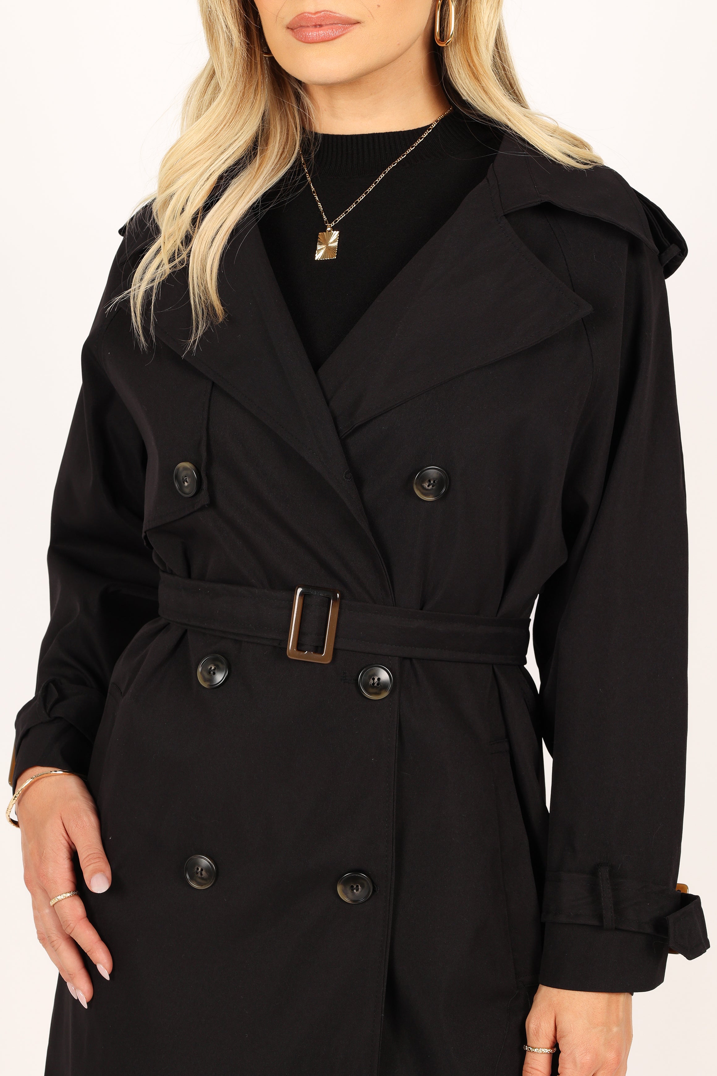 OUTERWEAR @Trina Button Front Trench Coat - Black